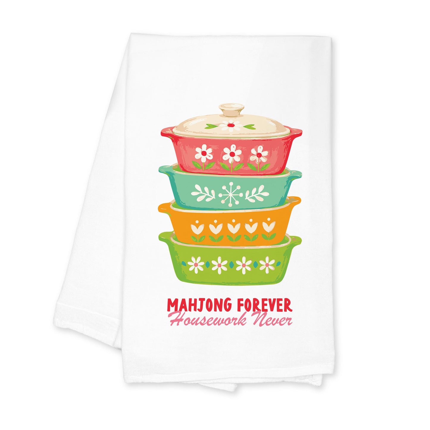 Cotton Tea Towel White-Retro Kitchen Mahjong -0
