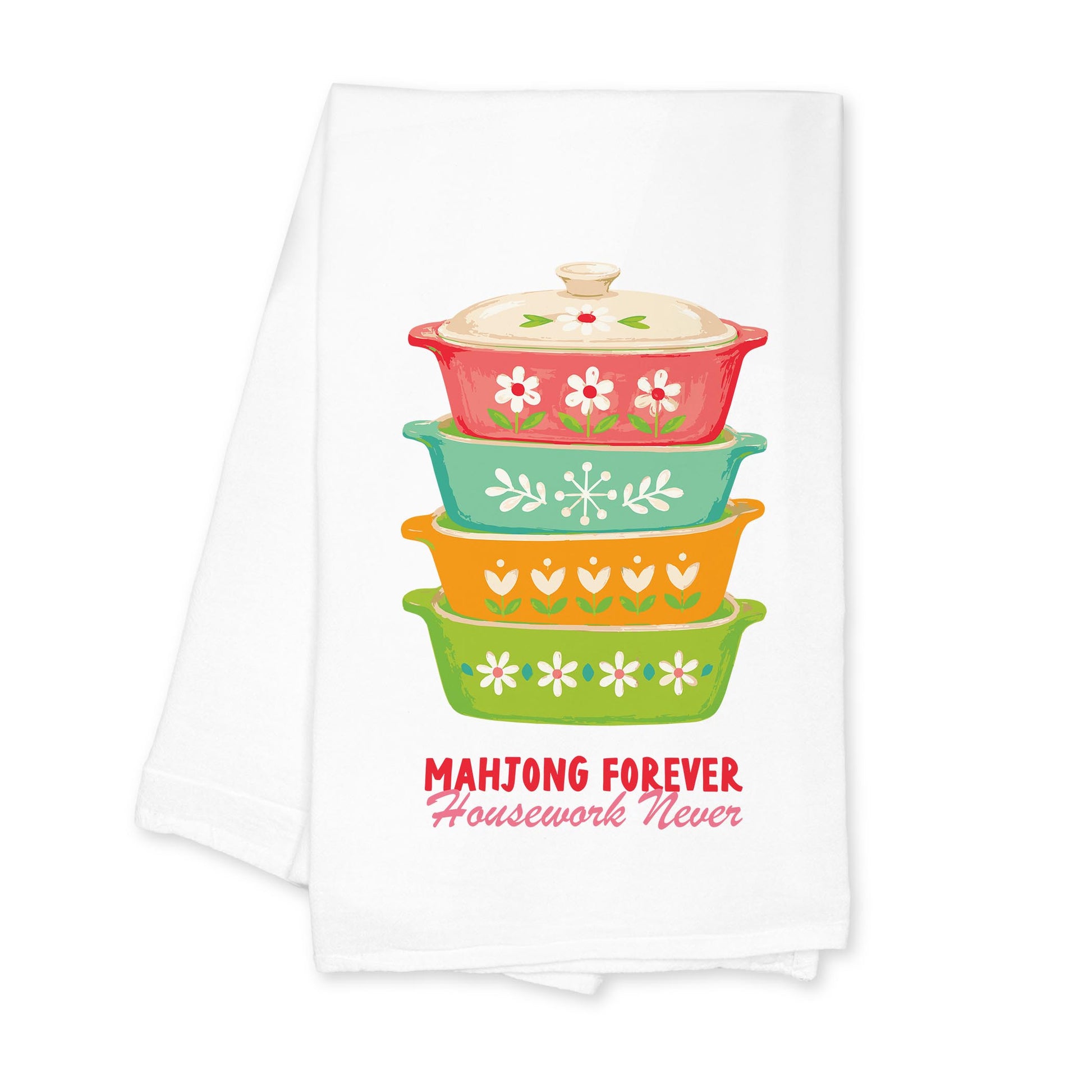 Cotton Tea Towel White-Retro Kitchen Mahjong -0