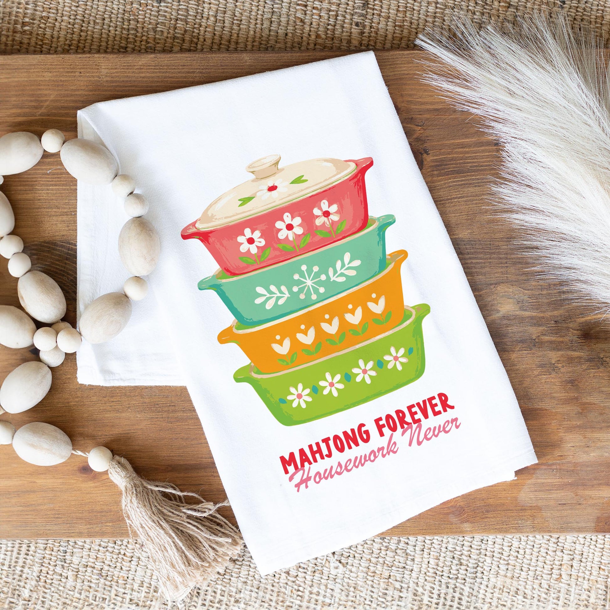 Cotton Tea Towel White-Retro Kitchen Mahjong -1