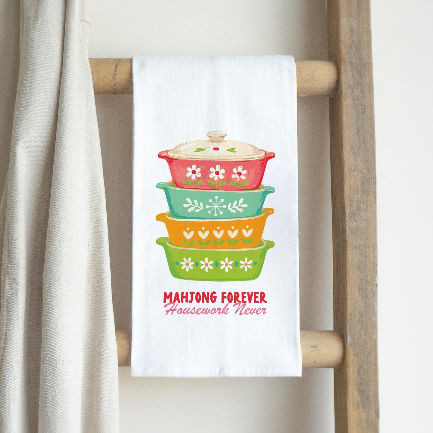 Cotton Tea Towel White-Retro Kitchen Mahjong -2