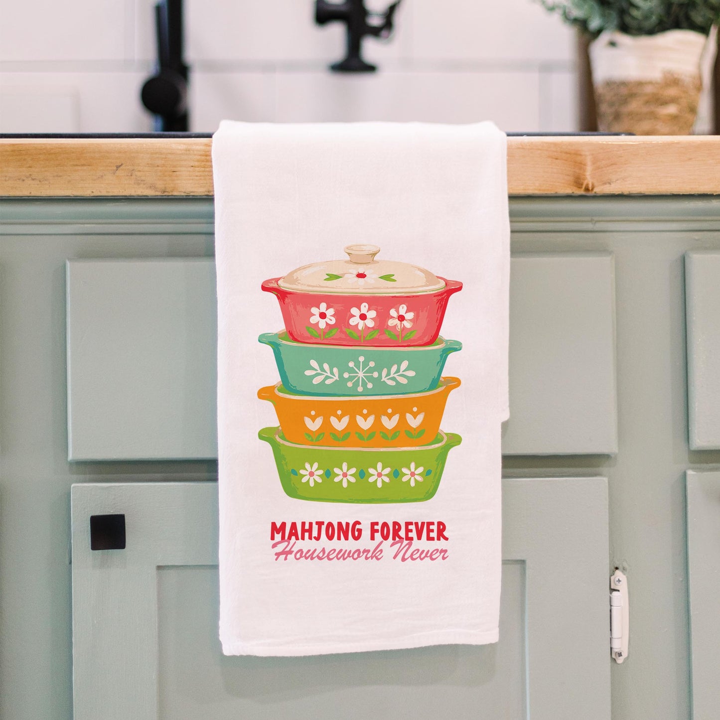 Cotton Tea Towel White-Retro Kitchen Mahjong -3