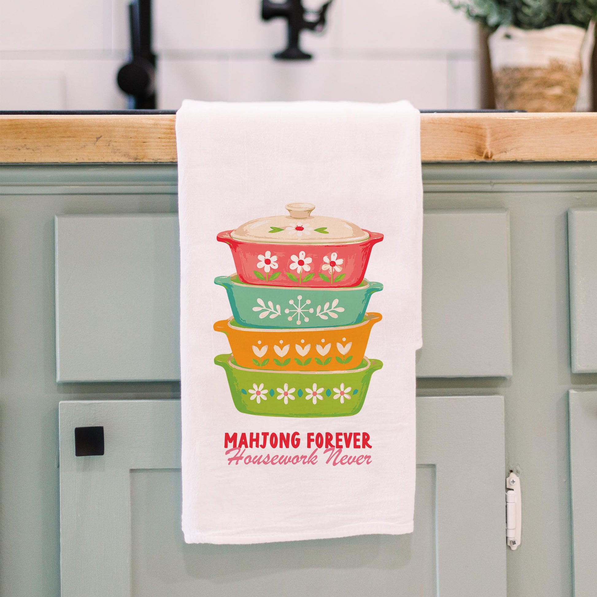 Cotton Tea Towel White-Retro Kitchen Mahjong -3