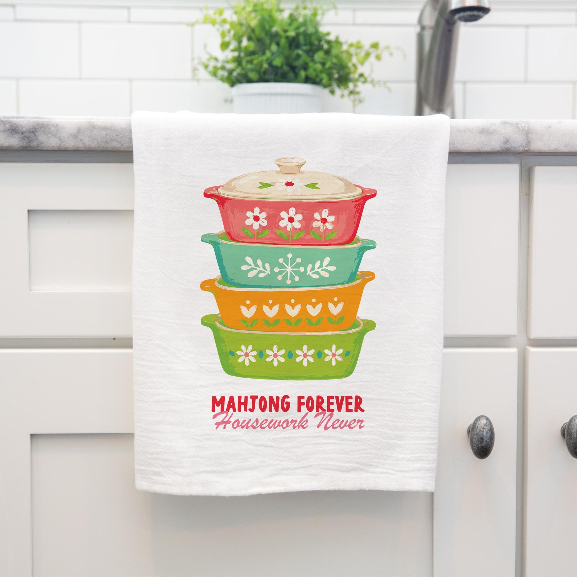 Cotton Tea Towel White-Retro Kitchen Mahjong -4