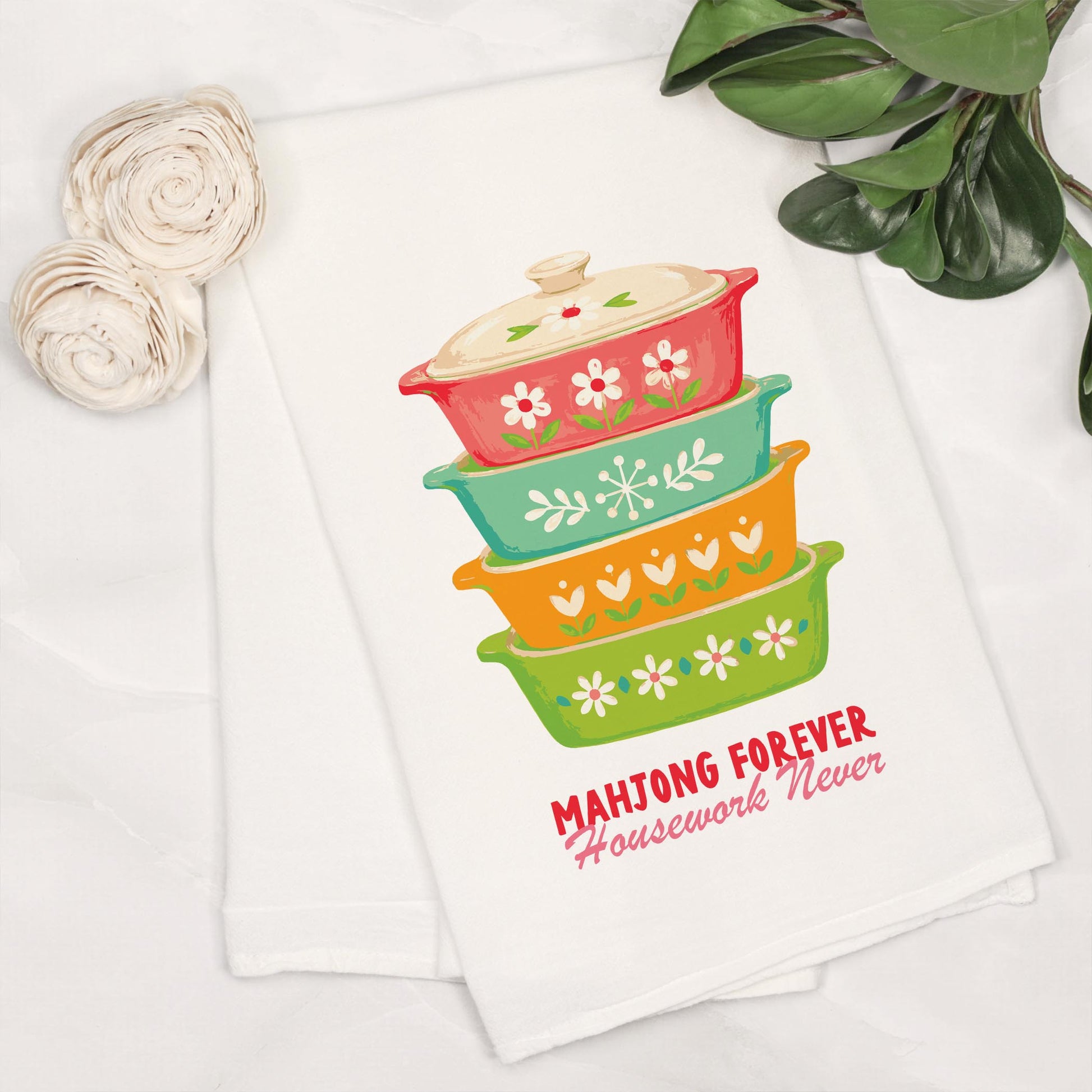 Cotton Tea Towel White-Retro Kitchen Mahjong -6
