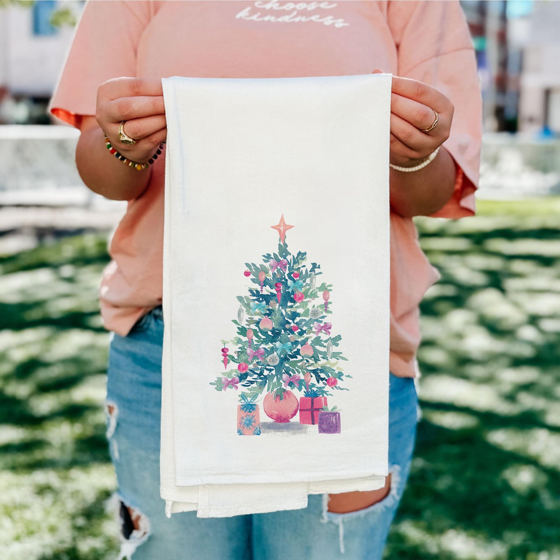 Cotton Tea Towel White-Watercolor Sugar Plum Christmas Tree -5