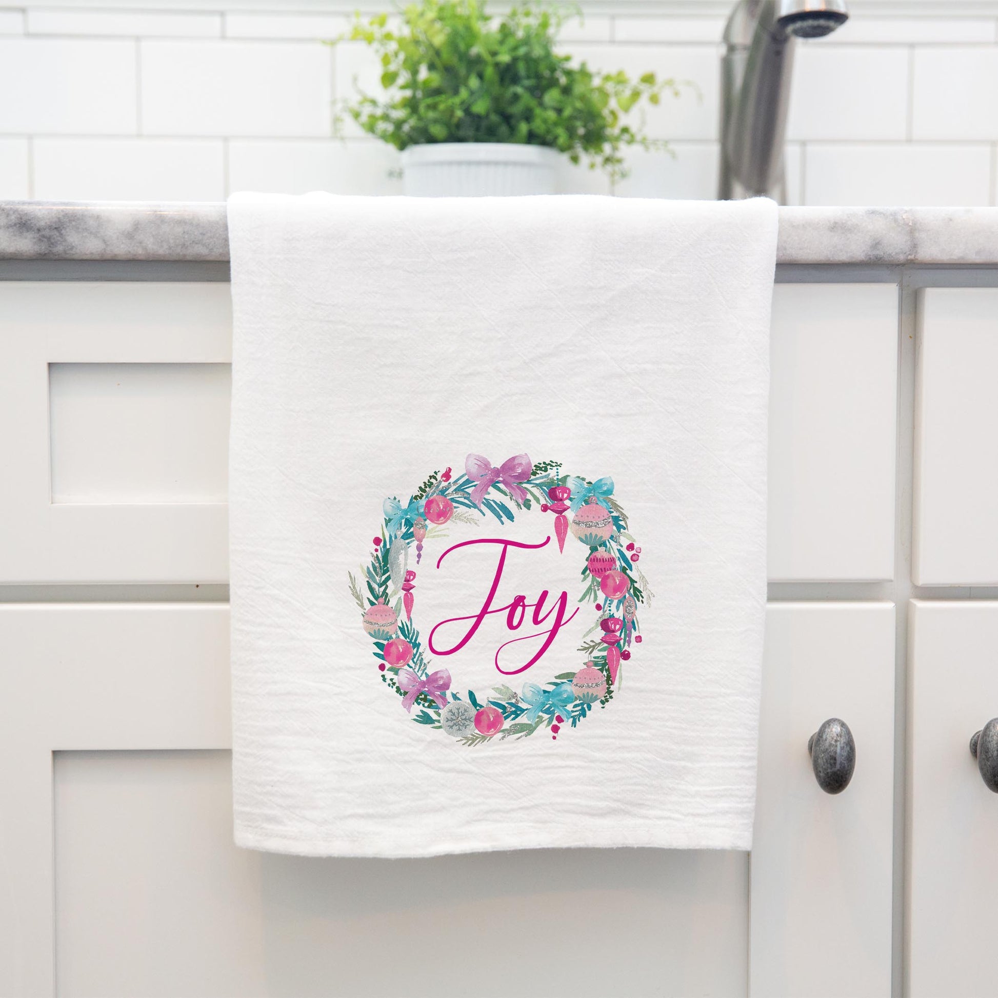 Cotton Tea Towel White-Watercolor Sugar Plum Joy Wreath -4