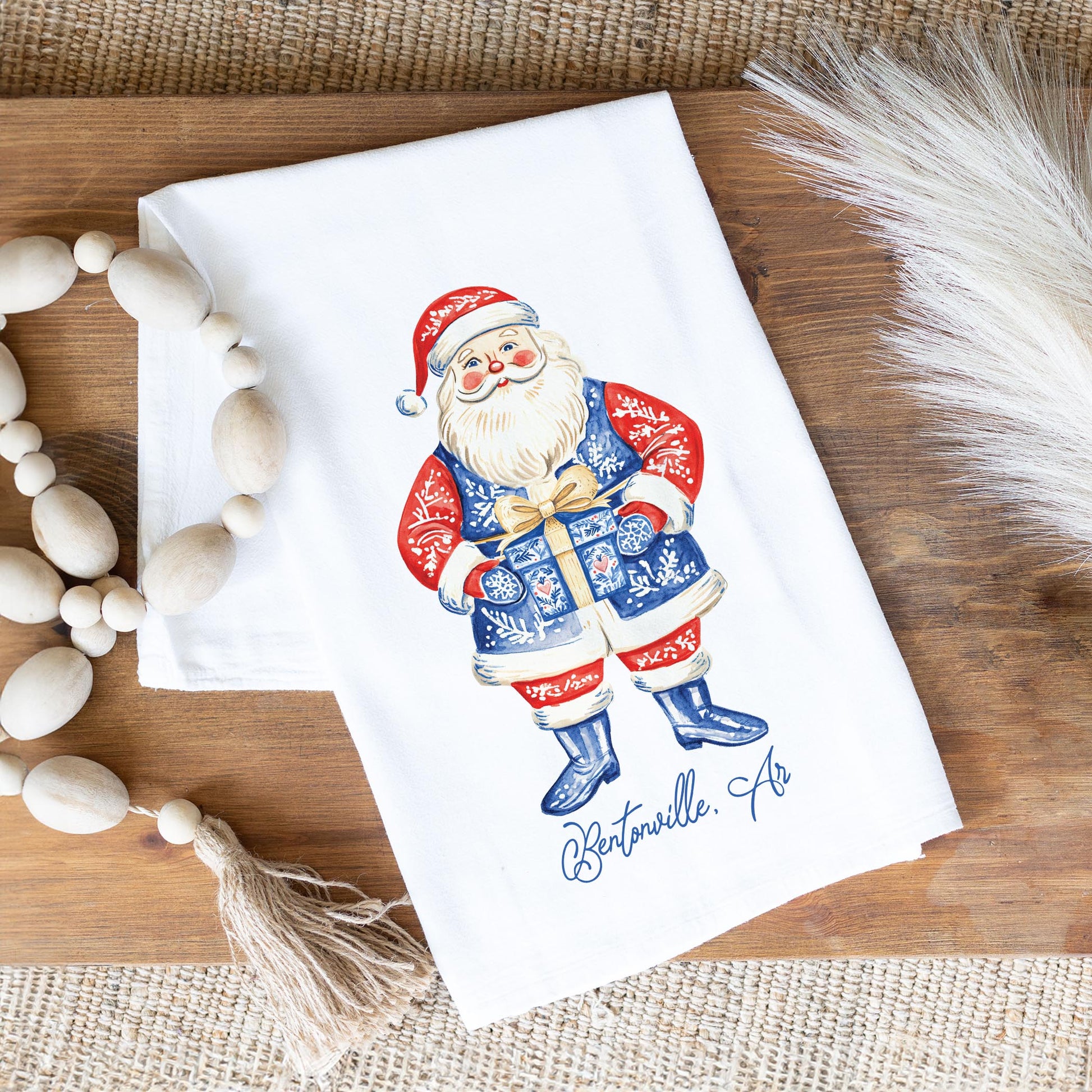Cotton Tea Towel White-Love+Local Blue Noel - A Grand Millennial Christmas -1