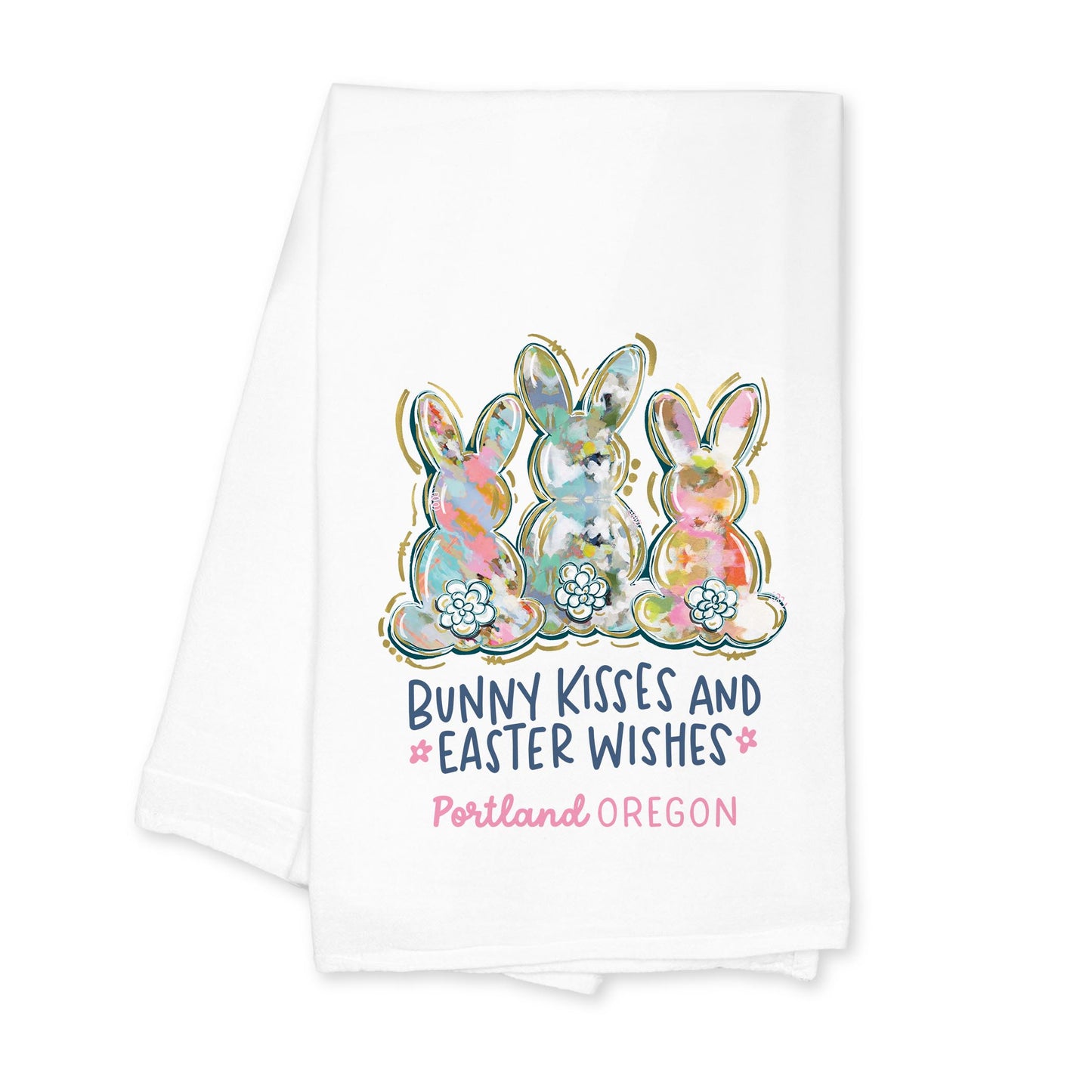 Cotton Tea Towel White-Love+Local Watercolor Easter Bunny Trio -0