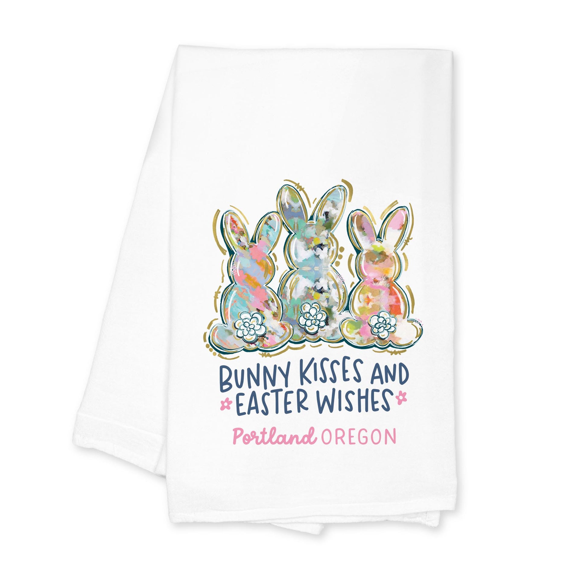 Cotton Tea Towel White-Love+Local Watercolor Easter Bunny Trio -0