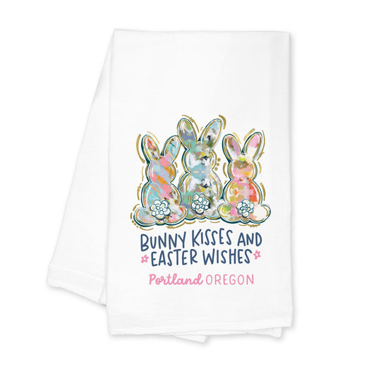 Cotton Tea Towel White-Love+Local Watercolor Easter Bunny Trio -0