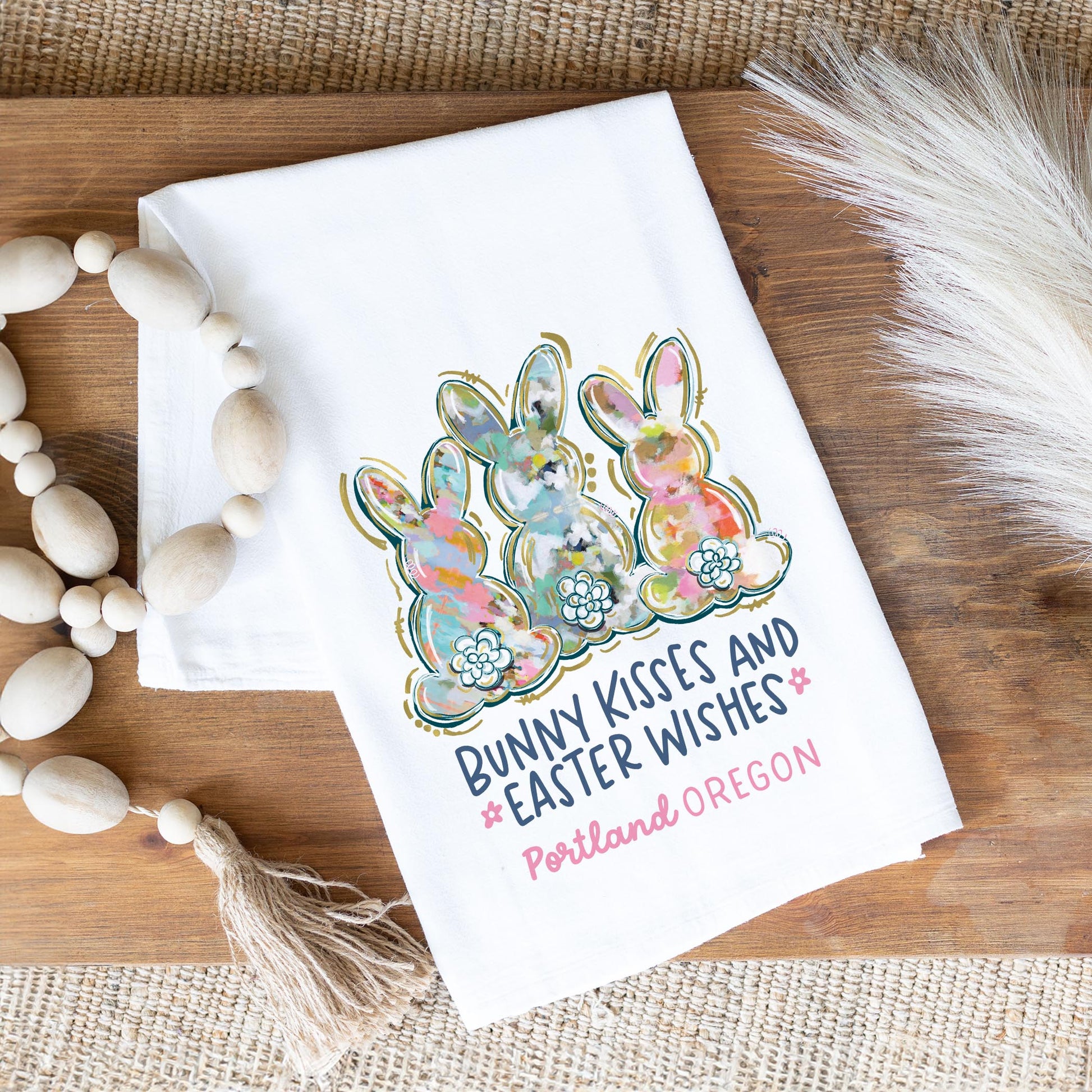 Cotton Tea Towel White-Love+Local Watercolor Easter Bunny Trio -1