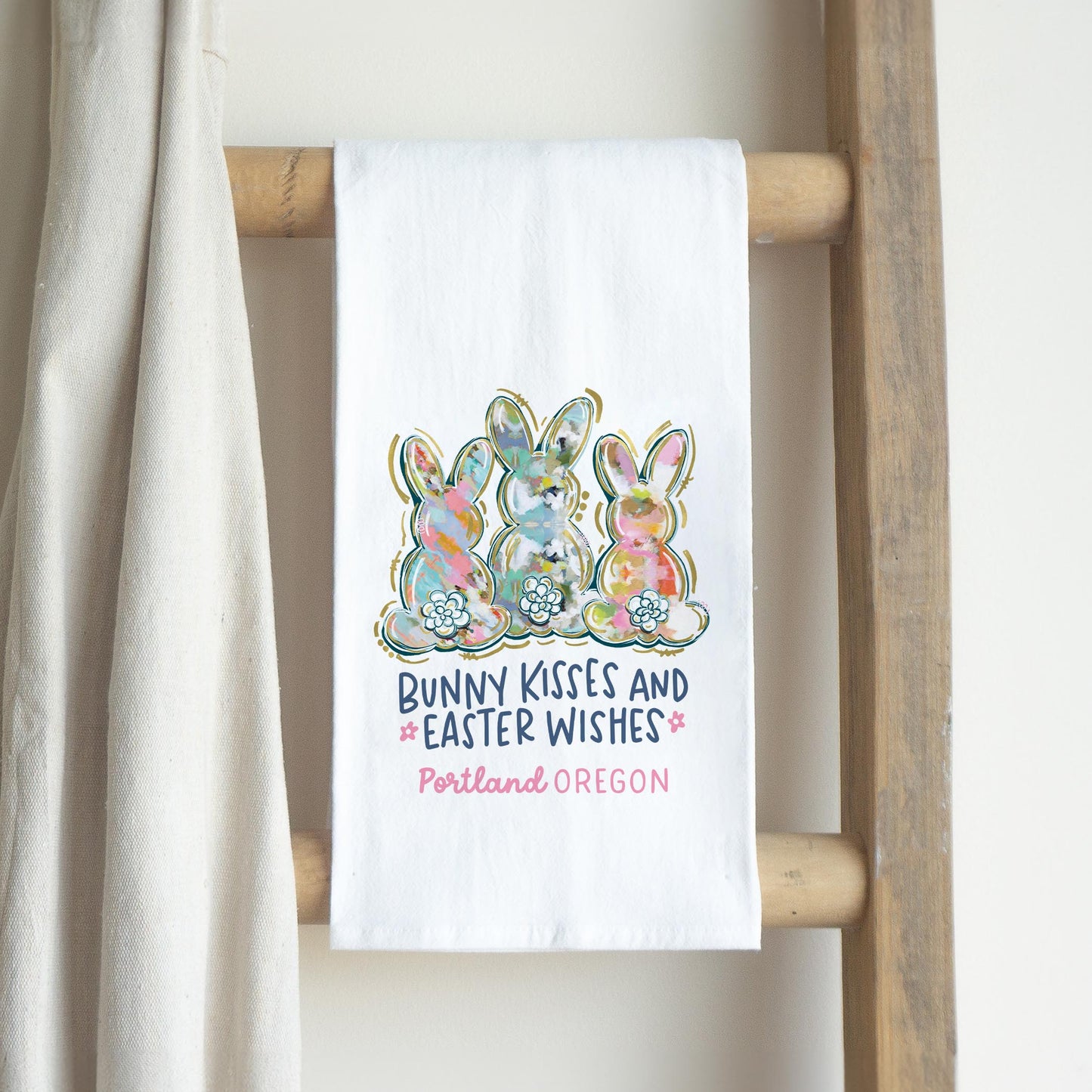 Cotton Tea Towel White-Love+Local Watercolor Easter Bunny Trio -2