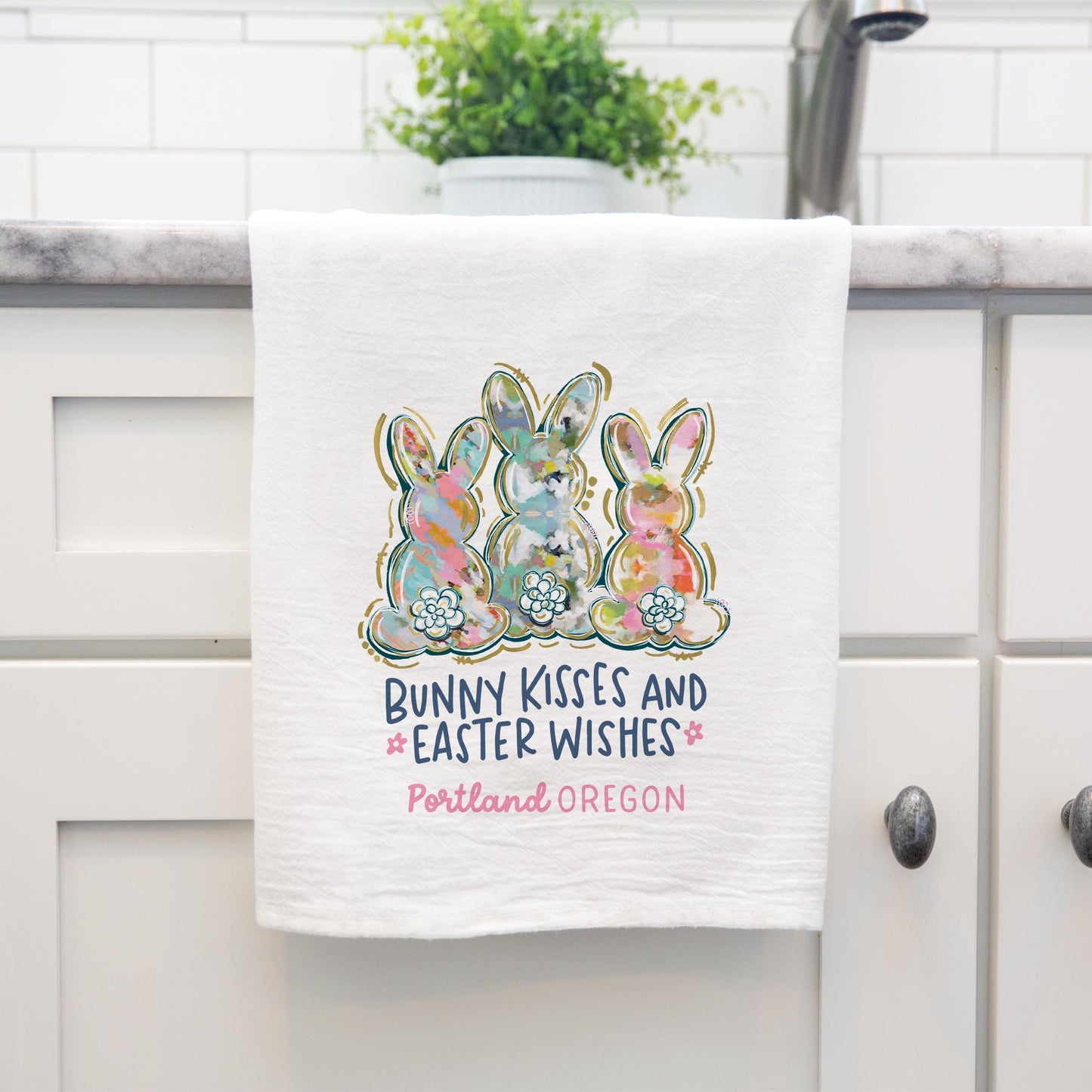Cotton Tea Towel White-Love+Local Watercolor Easter Bunny Trio -3