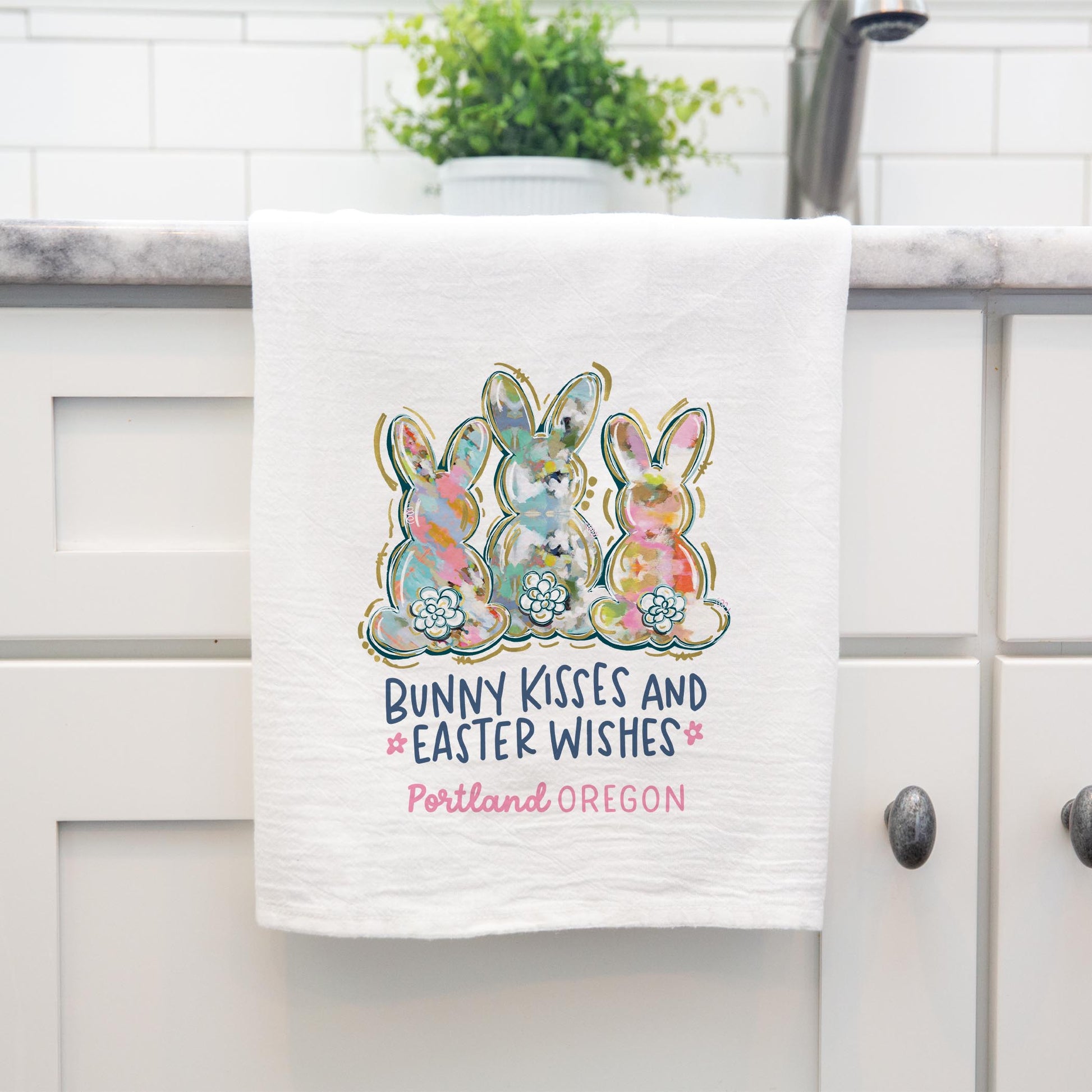 Cotton Tea Towel White-Love+Local Watercolor Easter Bunny Trio -3