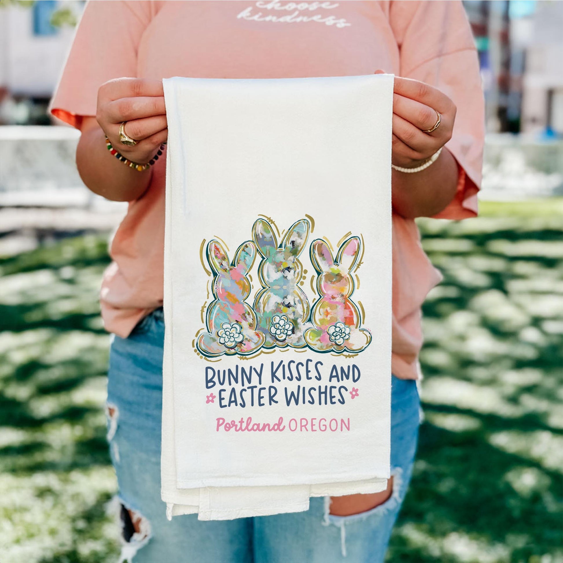 Cotton Tea Towel White-Love+Local Watercolor Easter Bunny Trio -4