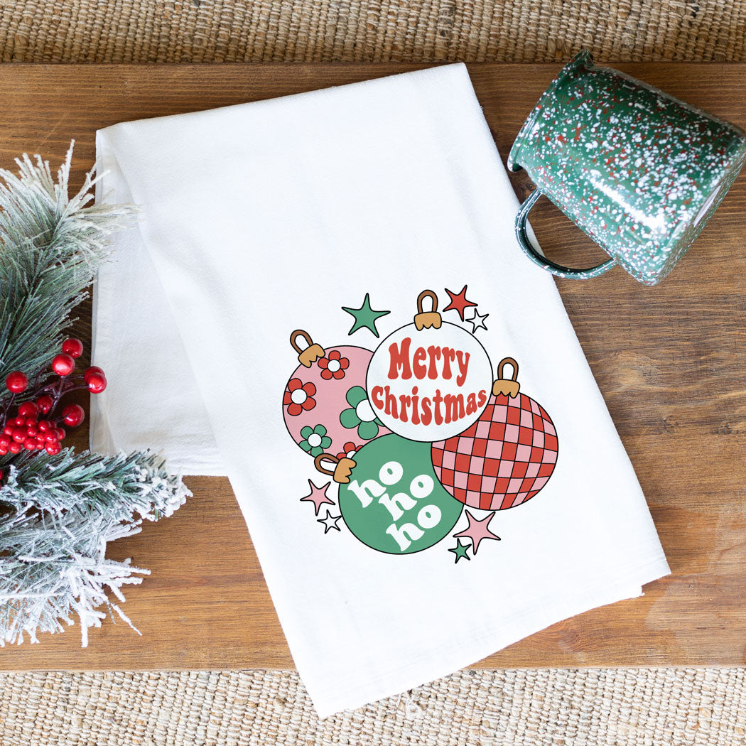 Cotton Tea Towel - Retro Christmas Ornaments