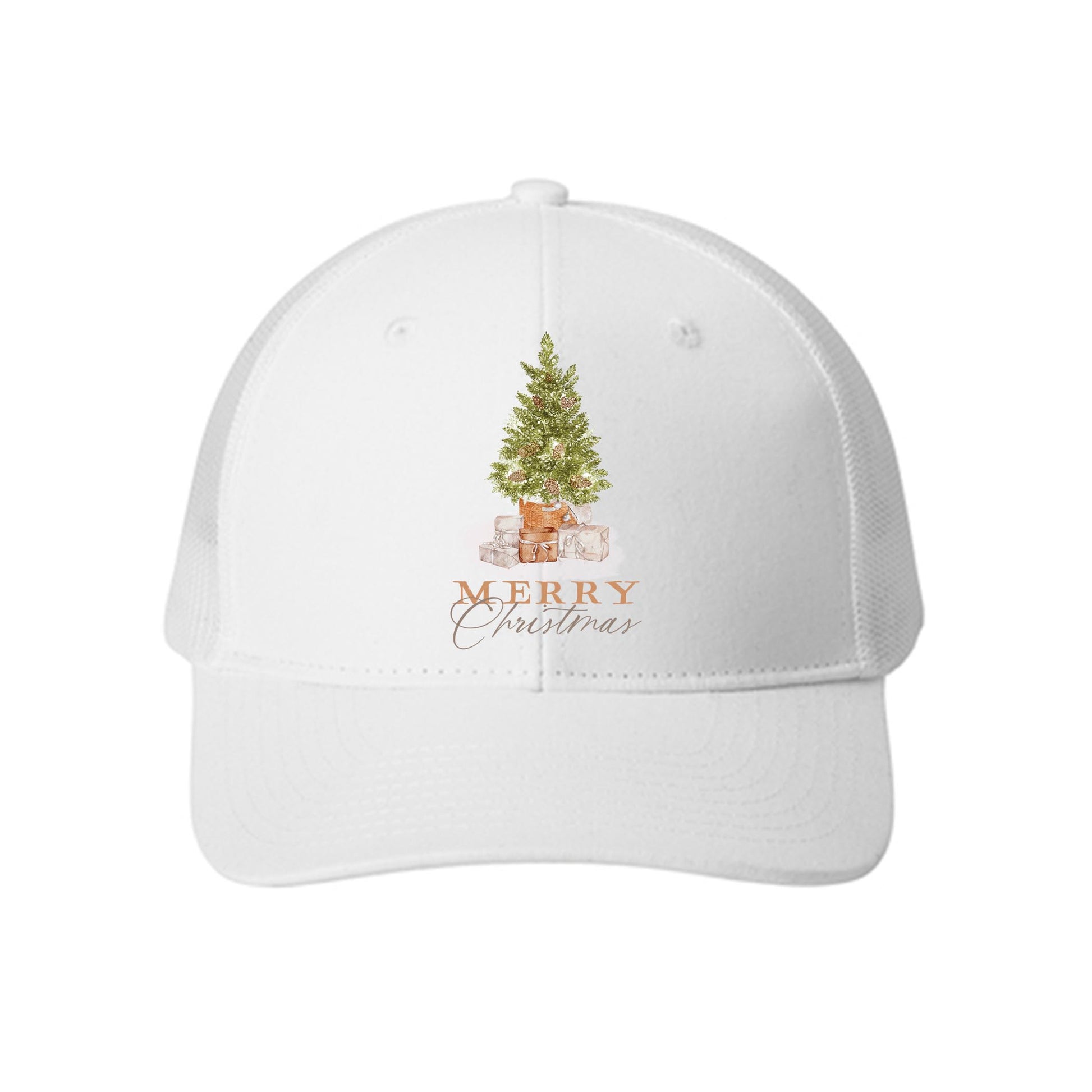 White Trucker Hat-Cottage Tree Merry Christmas -0