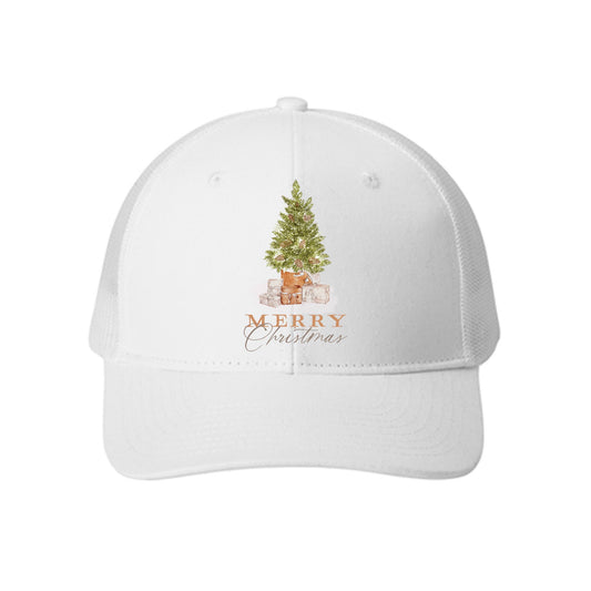 White Trucker Hat-Cottage Tree Merry Christmas -0