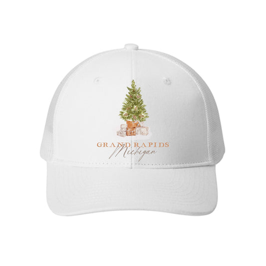 White Trucker Hat-Love+Local Cottage Tree -0