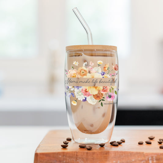 16oz Double Insulated Glass Tumbler Moms Make Life Beautiful Floral Background