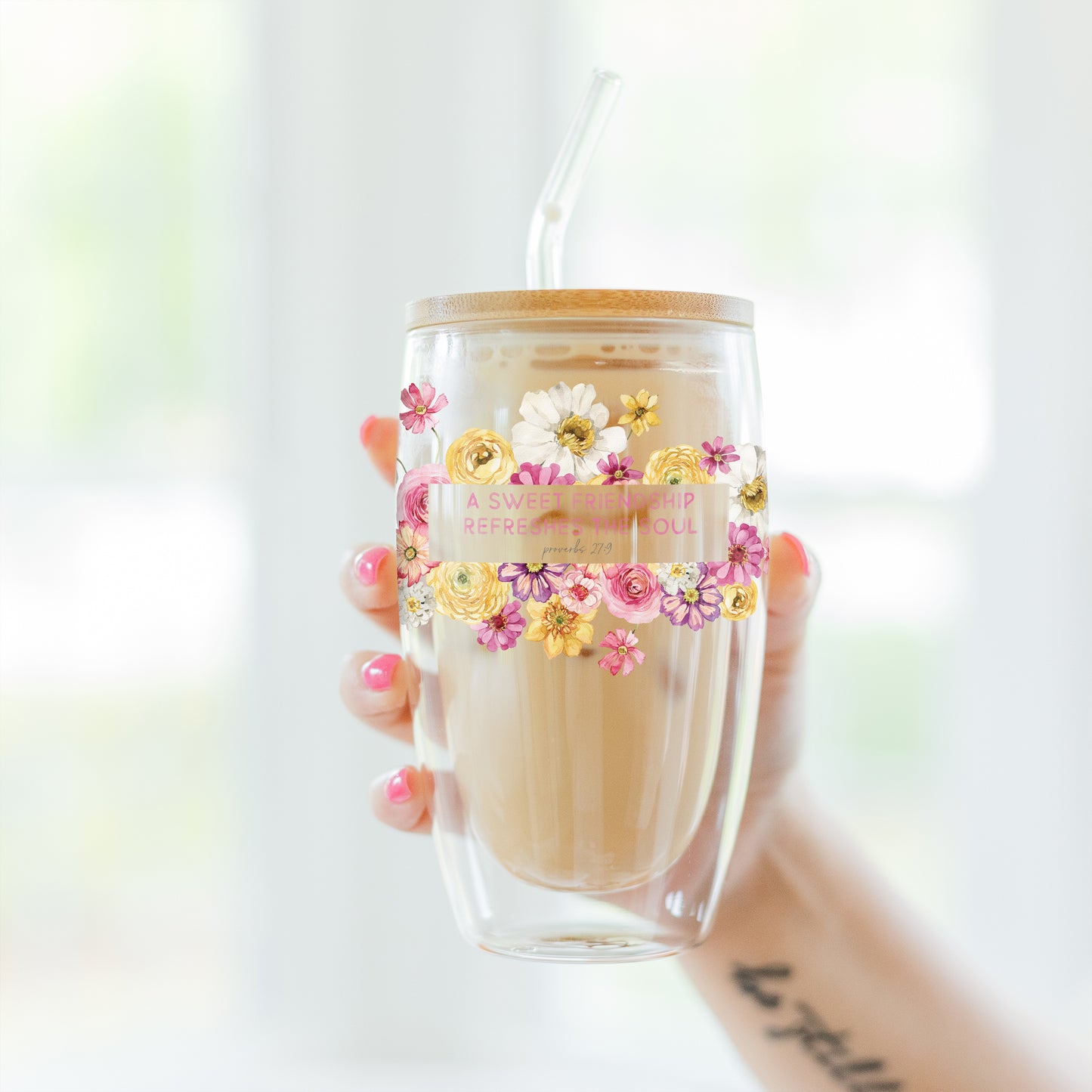 16oz Double Insulated Glass Tumbler-Fantasy Garden A Sweet Friendship