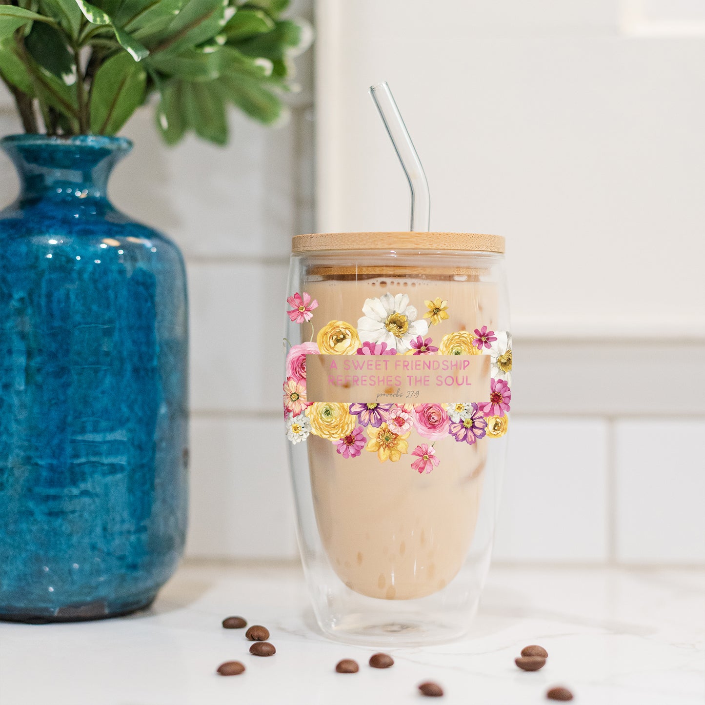 16oz Double Insulated Glass Tumbler-Fantasy Garden A Sweet Friendship