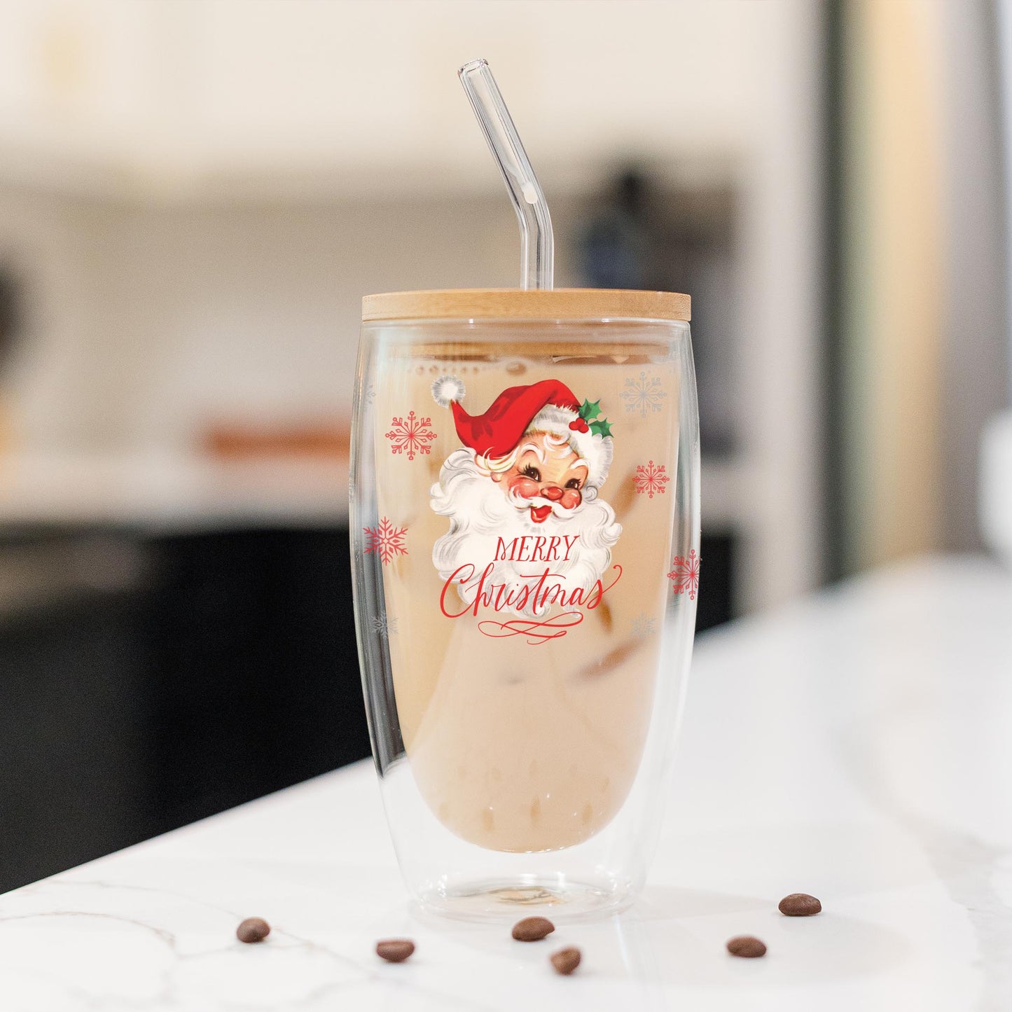 16oz Double Insulated Glass Tumbler-Classic Santa