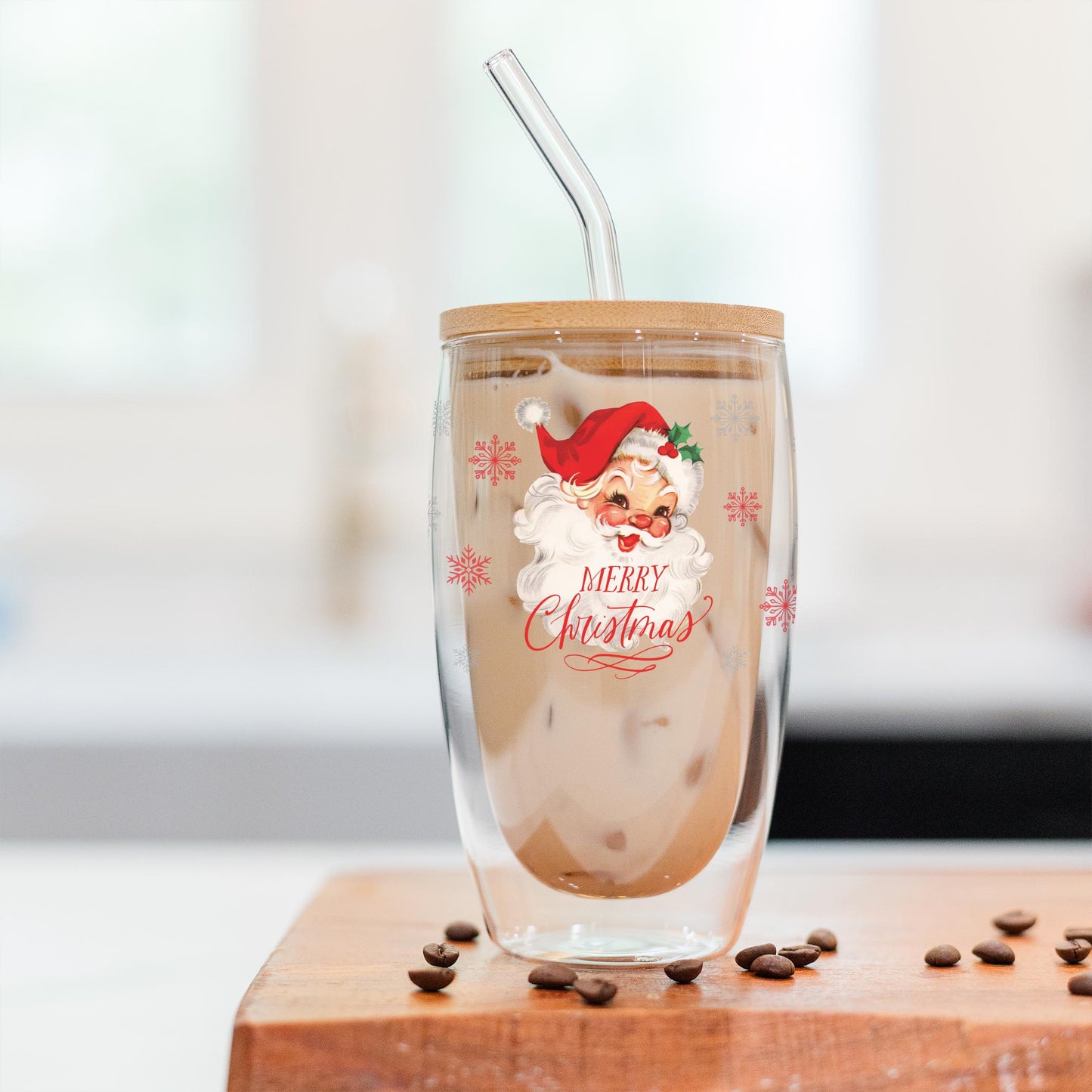 16oz Double Insulated Glass Tumbler-Classic Santa