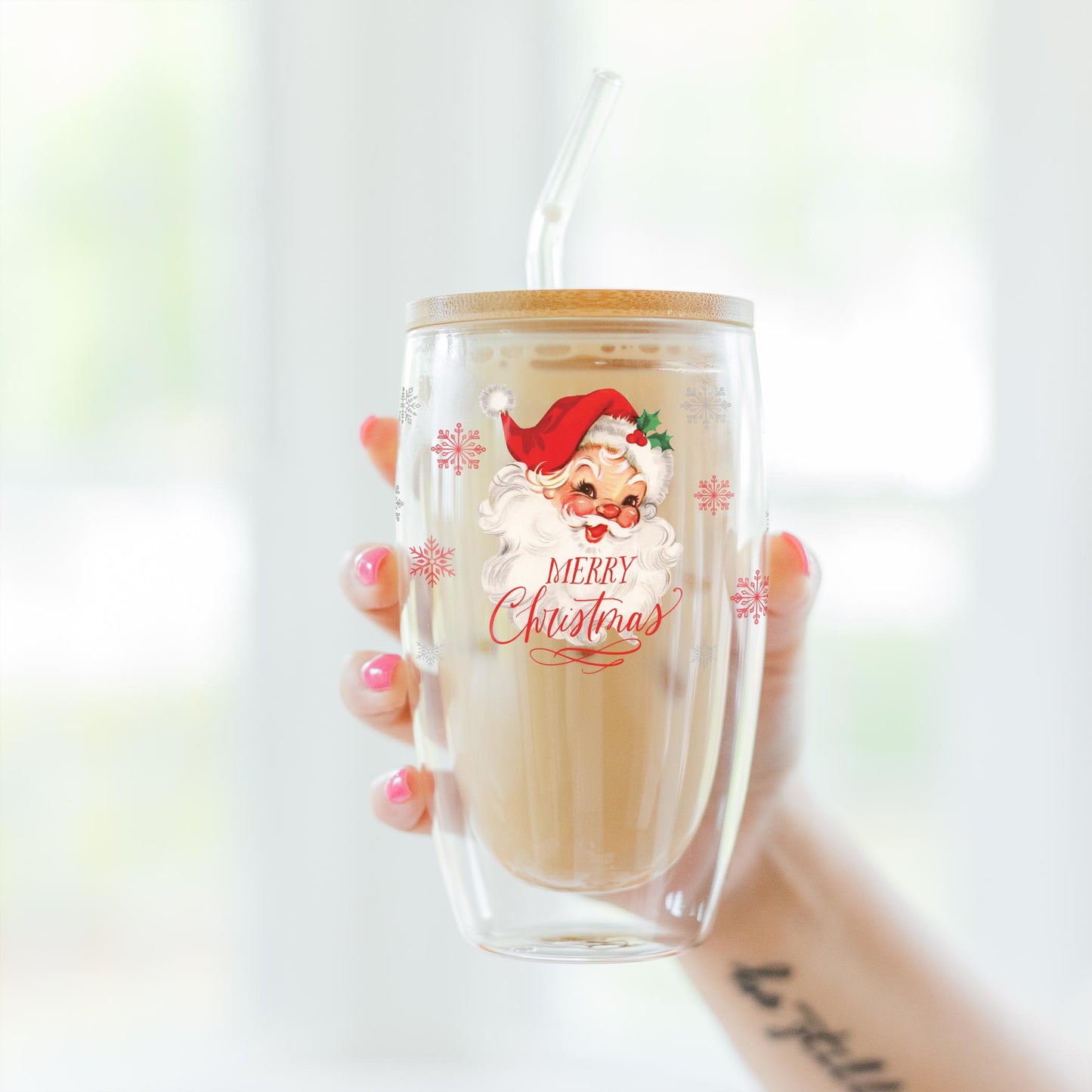 16oz Double Insulated Glass Tumbler-Classic Santa
