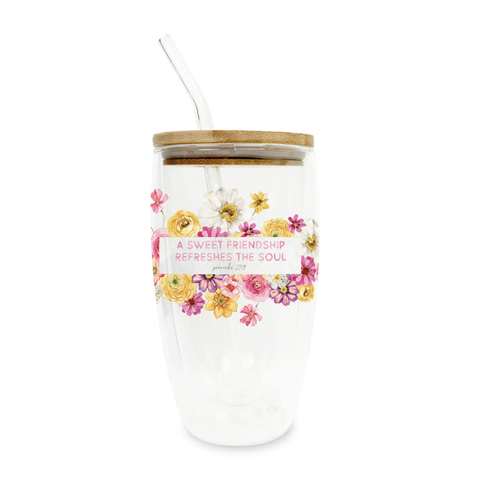 16oz Double Insulated Glass Tumbler-Fantasy Garden A Sweet Friendship