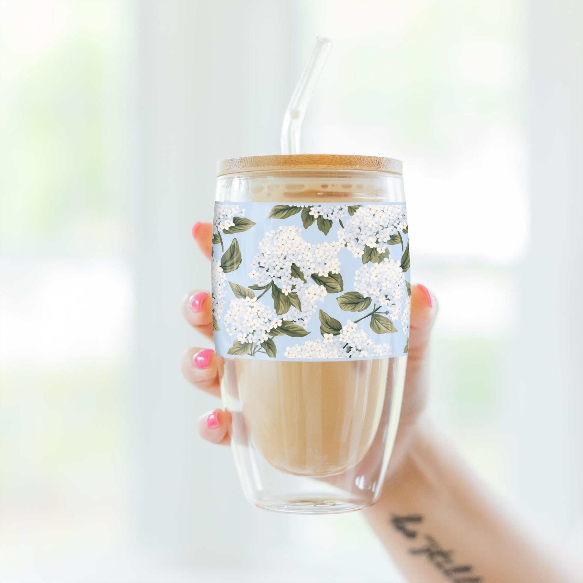 16oz Double Insulated Glass Tumbler-Hydrangea Cottage -3