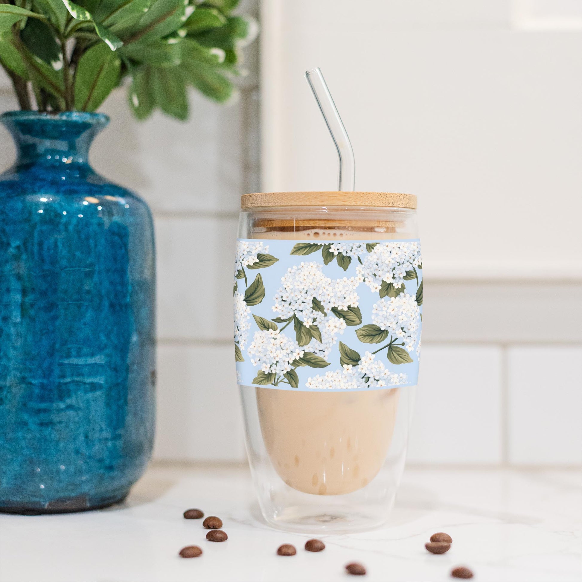16oz Double Insulated Glass Tumbler-Hydrangea Cottage -4