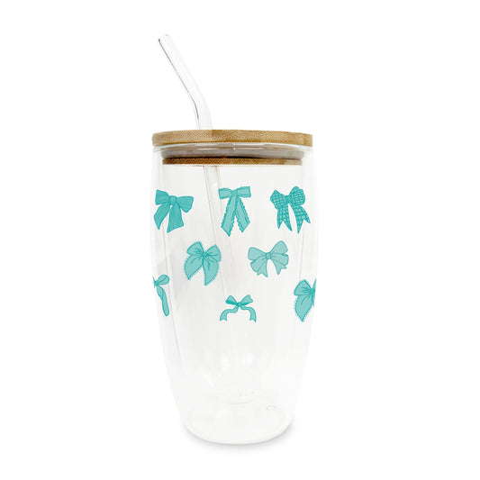 16oz Double Insulated Glass Tumbler-Preppy Bow Pattern Blue -0