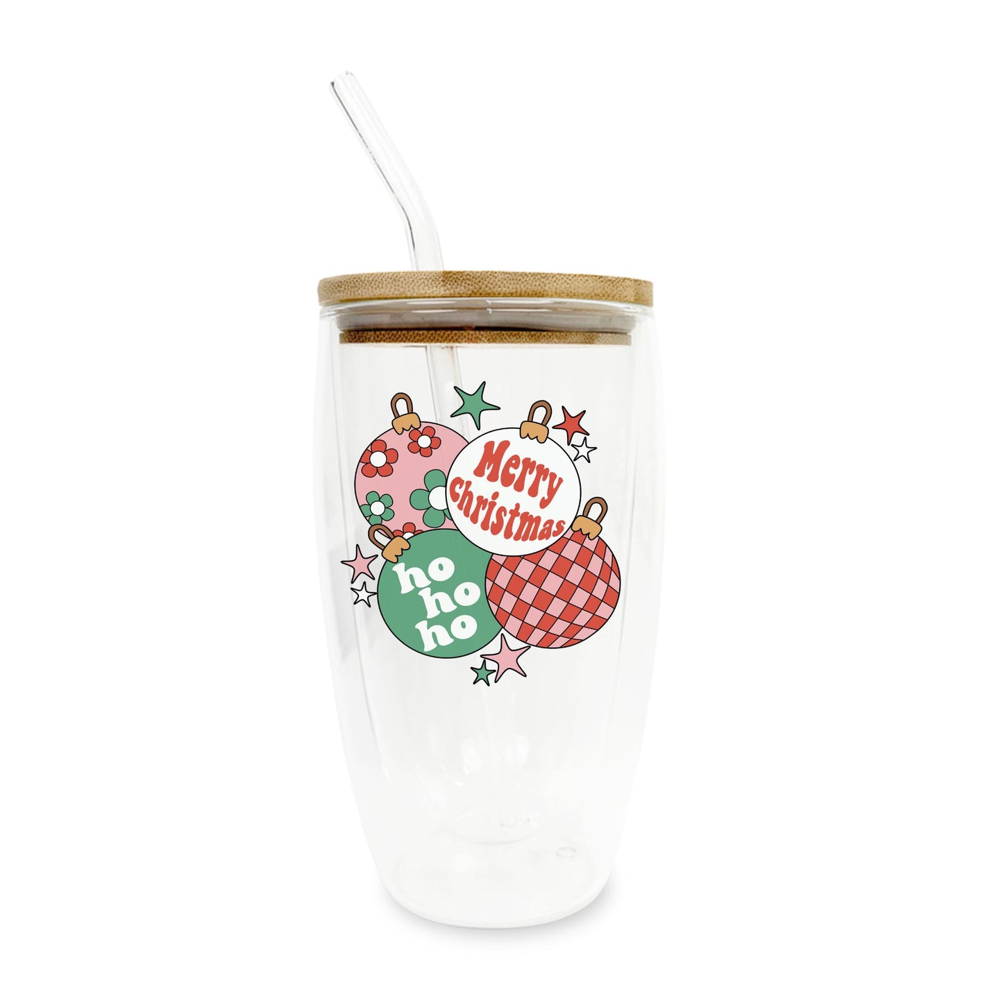 16oz Double Insulated Glass Tumbler-Retro Christmas Ornaments