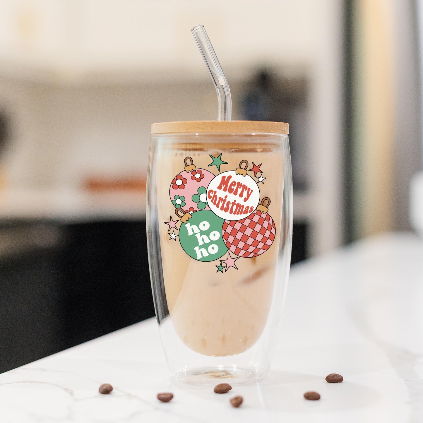 16oz Double Insulated Glass Tumbler-Retro Christmas Ornaments