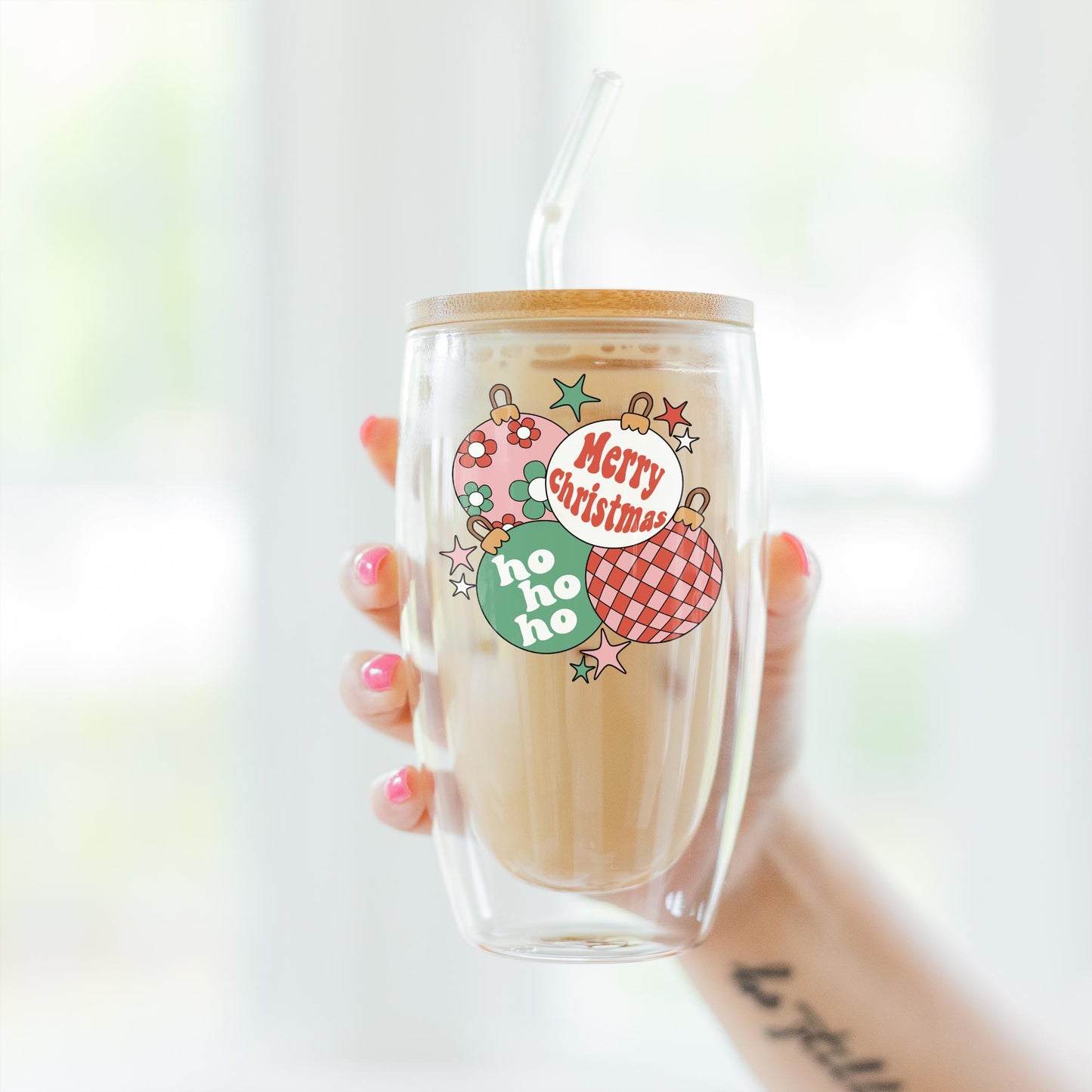 16oz Double Insulated Glass Tumbler-Retro Christmas Ornaments