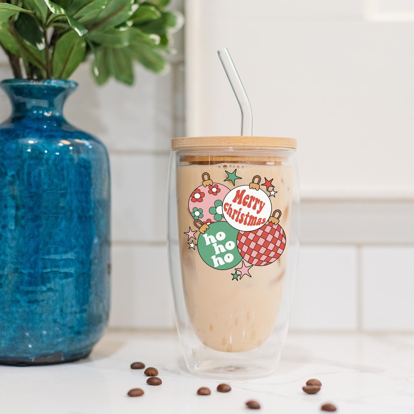 16oz Double Insulated Glass Tumbler-Retro Christmas Ornaments