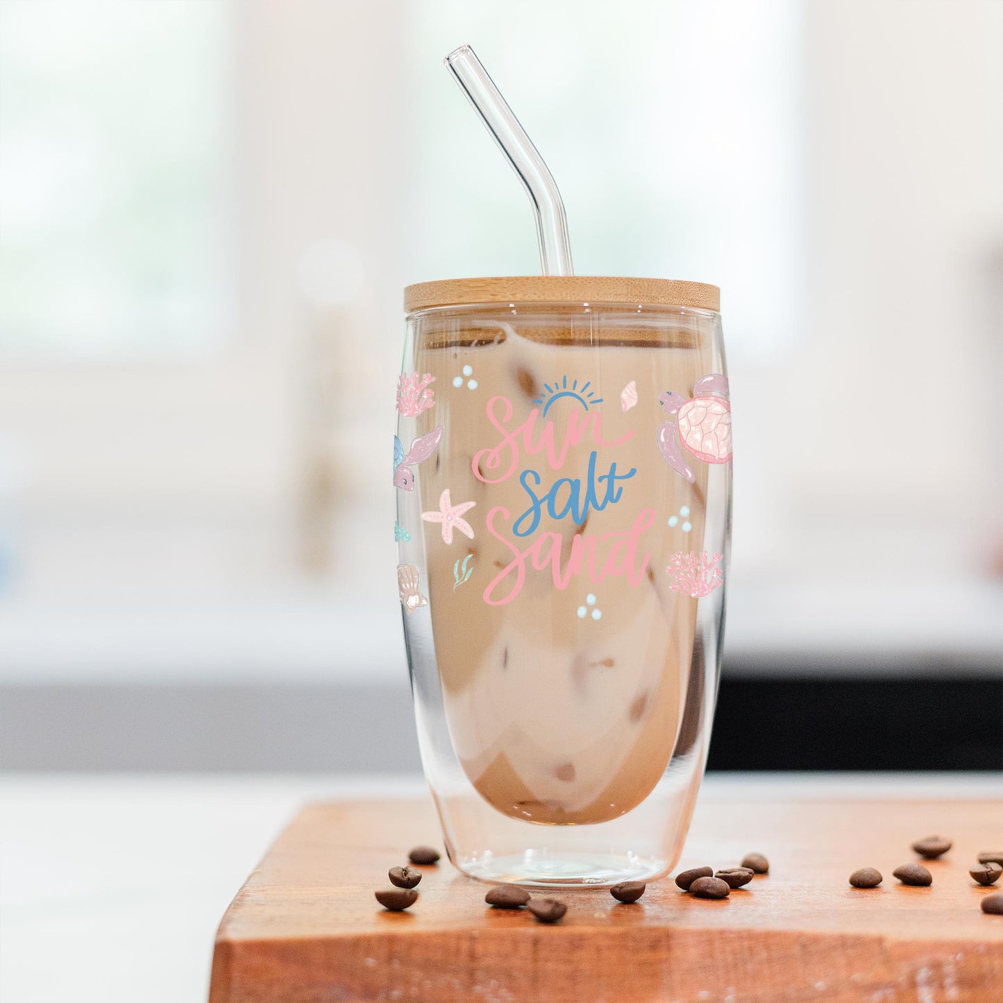 16oz Double Insulated Glass Tumbler-Coastal Sea Turtles Sun Salt Sand
