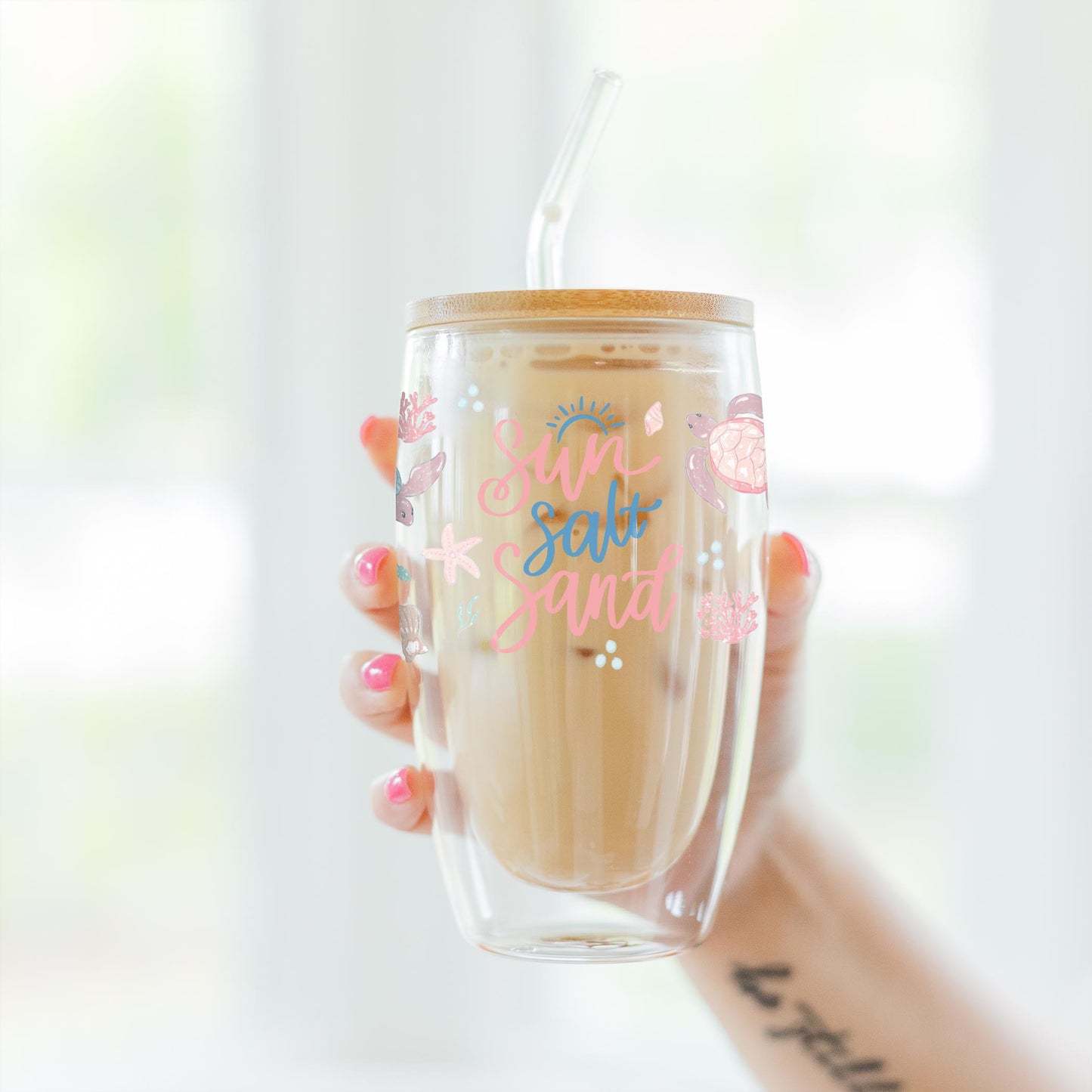 16oz Double Insulated Glass Tumbler-Coastal Sea Turtles Sun Salt Sand
