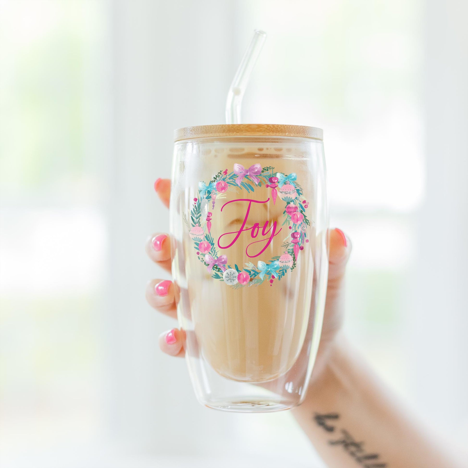 16oz Double Insulated Glass Tumbler-Watercolor Sugar Plum Joy Wreath -3