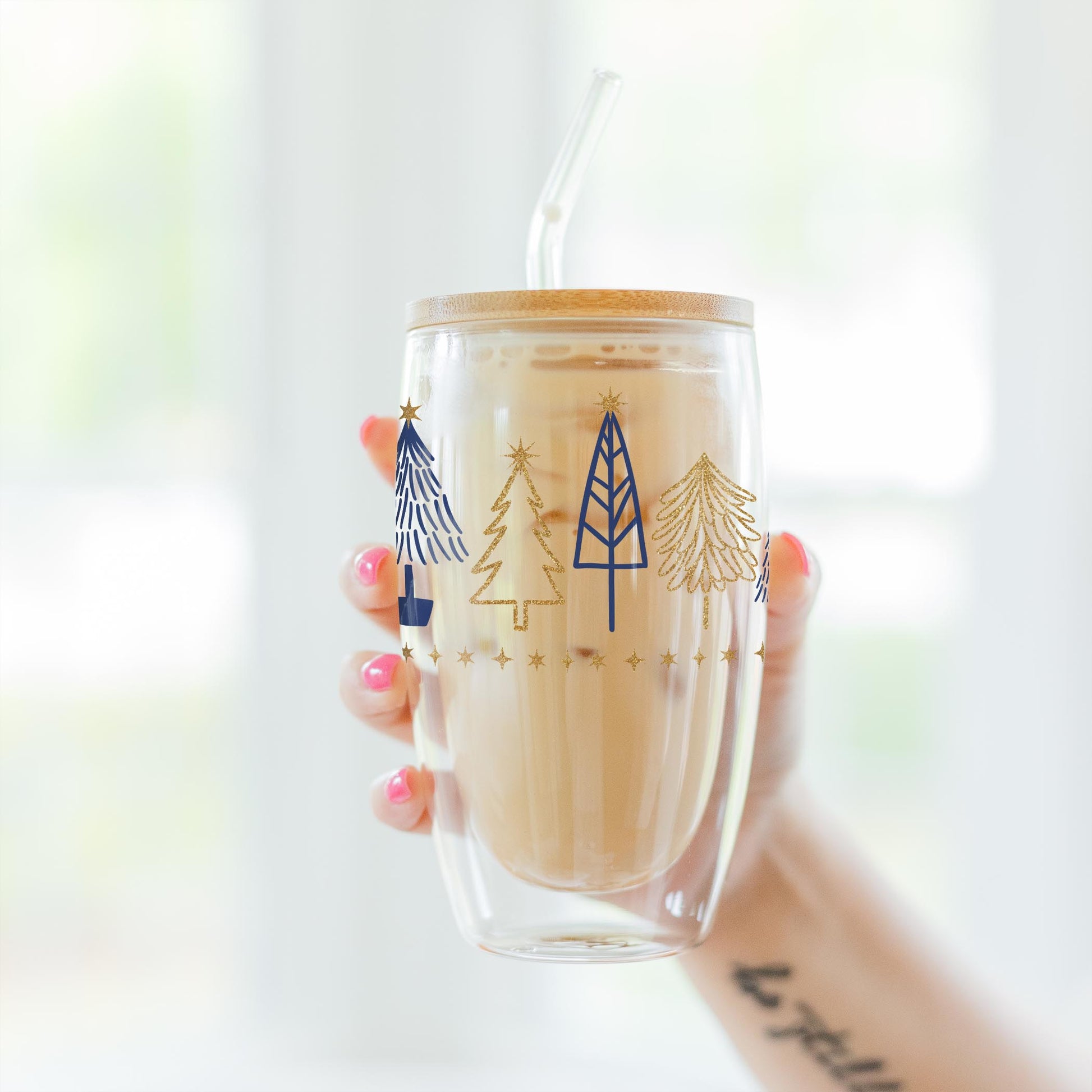 16oz Double Insulated Glass Tumbler-Noir Christmas Trees -3