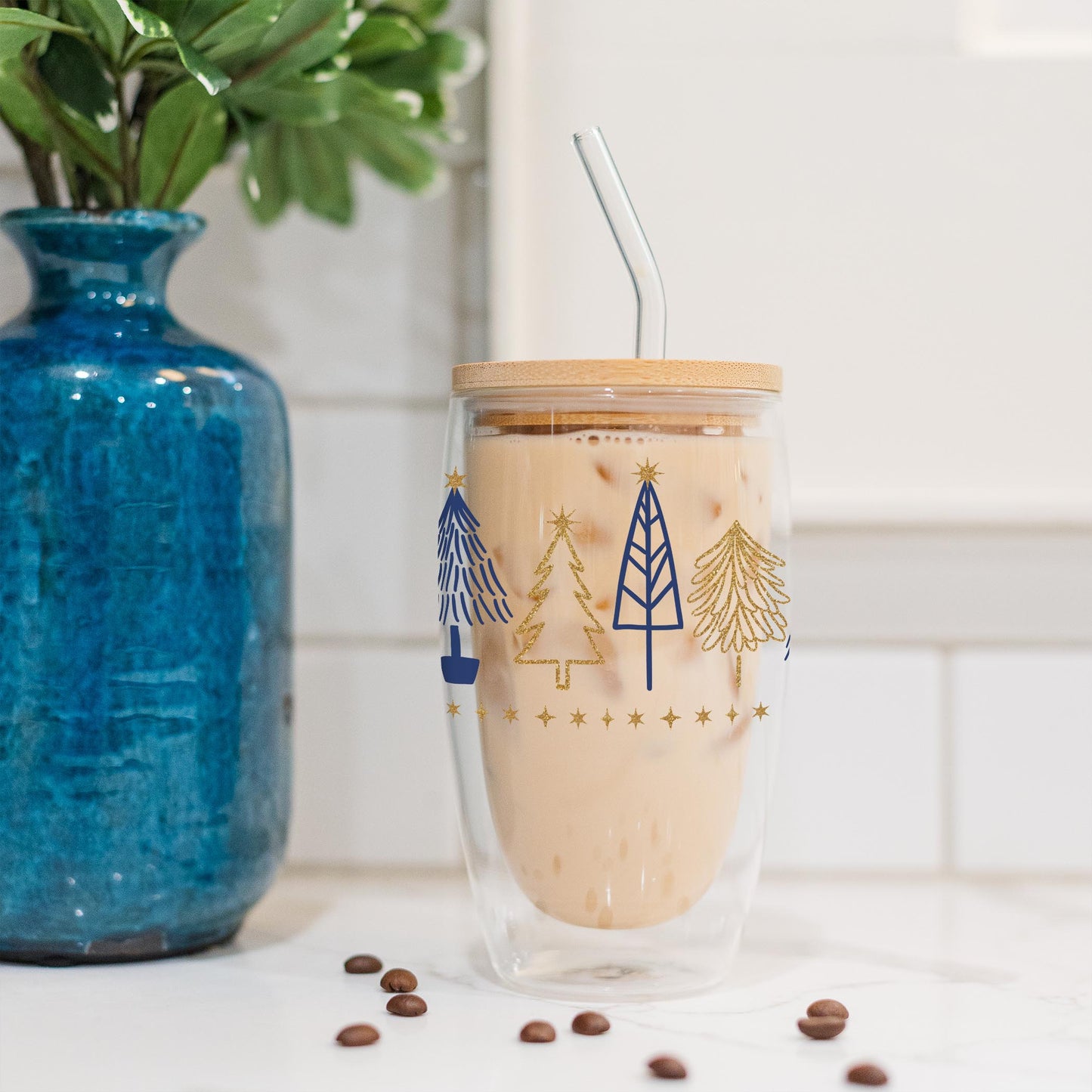16oz Double Insulated Glass Tumbler-Noir Christmas Trees -4