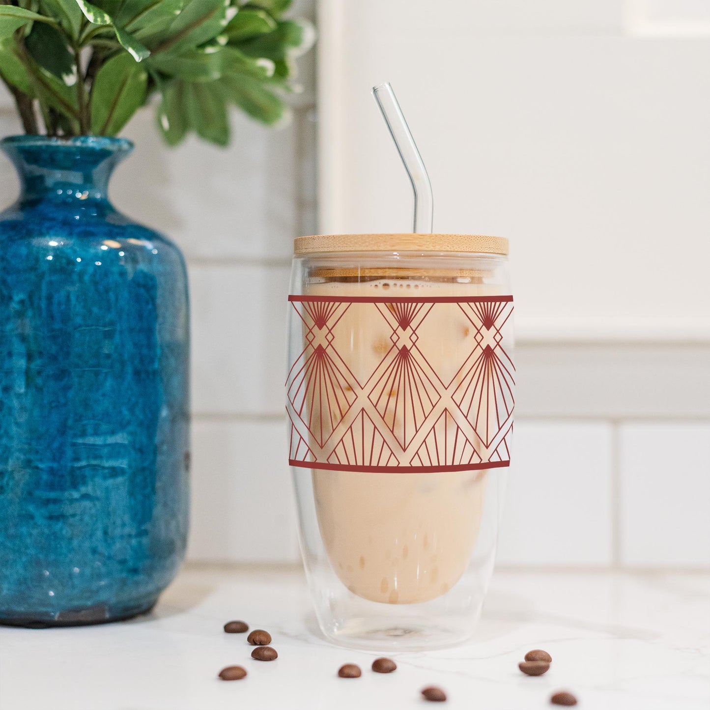 16oz Double Insulated Glass Tumbler-Art Deco Diamond Pattern -4