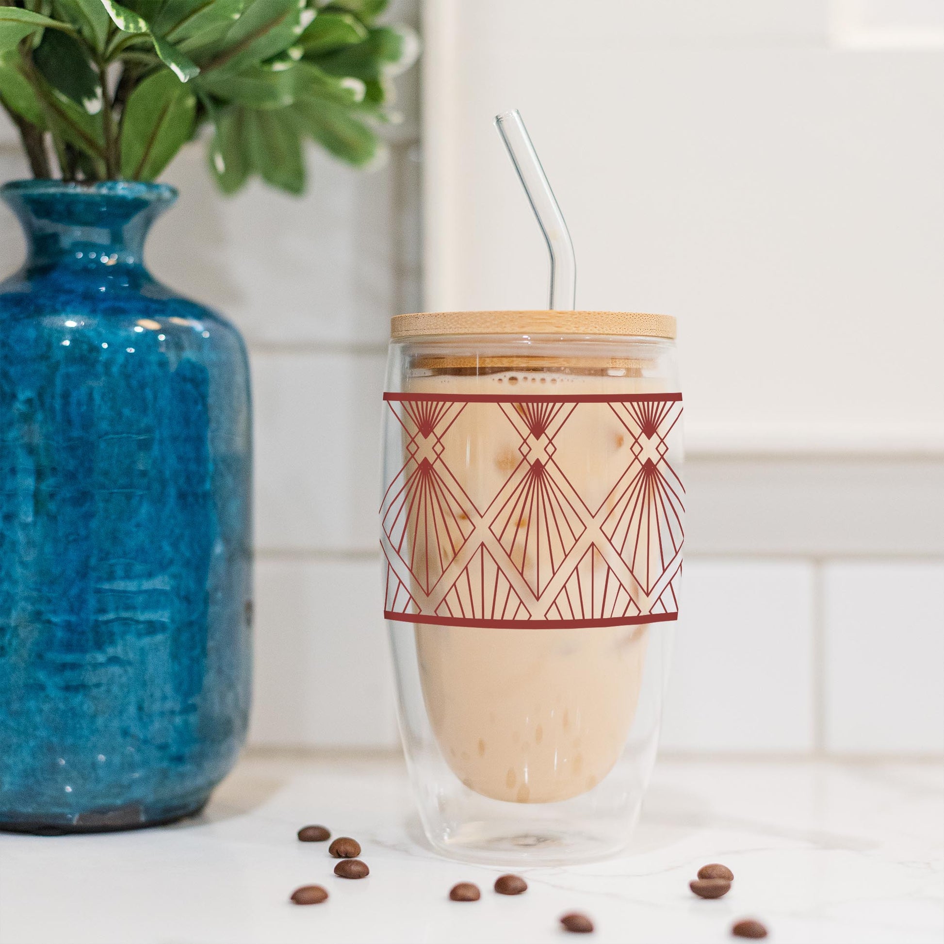 16oz Double Insulated Glass Tumbler-Art Deco Diamond Pattern -4