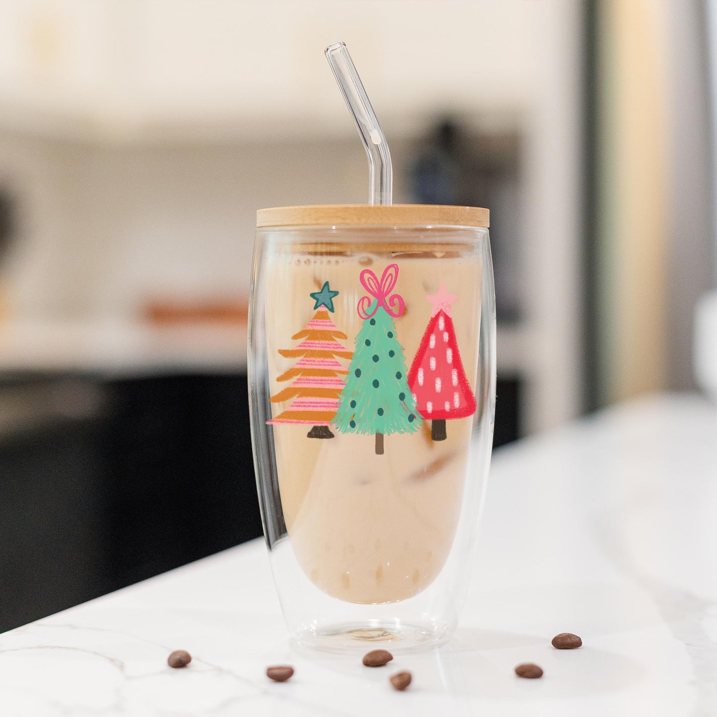 16oz Double Insulated Glass Tumbler-Trees & Snowflakes