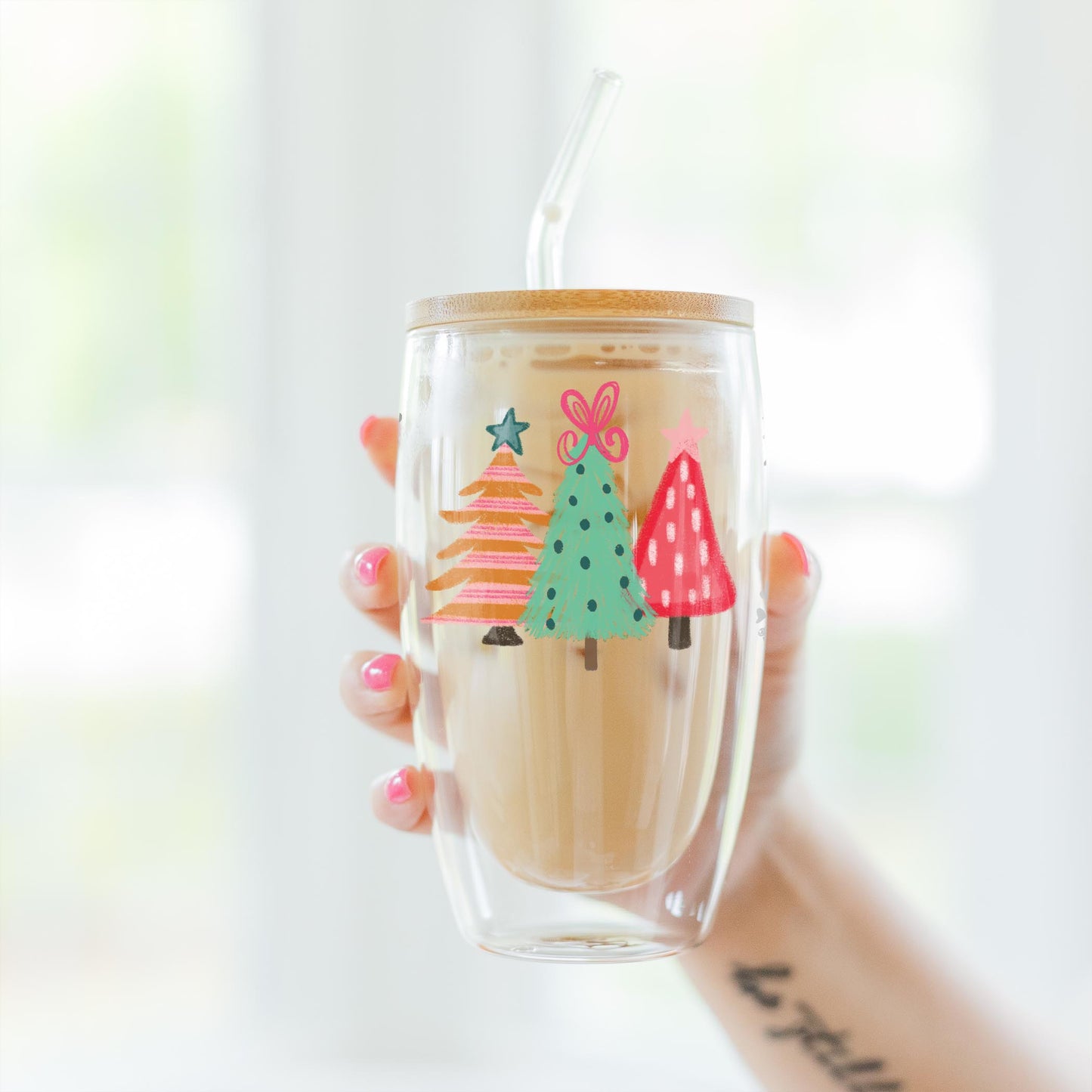 16oz Double Insulated Glass Tumbler-Trees & Snowflakes