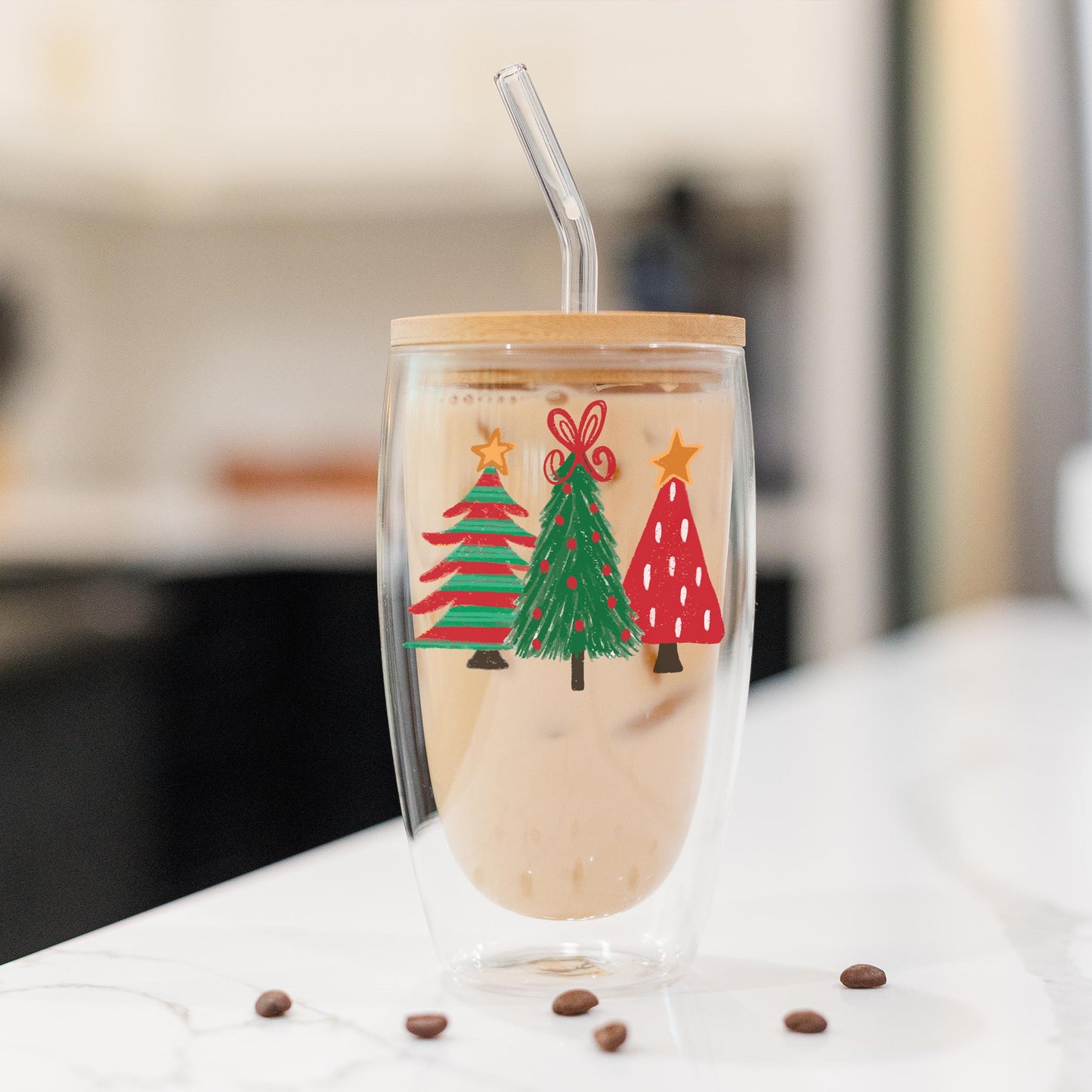 16oz Double Insulated Glass Tumbler-Whimsy Wonderland Traditional Trees