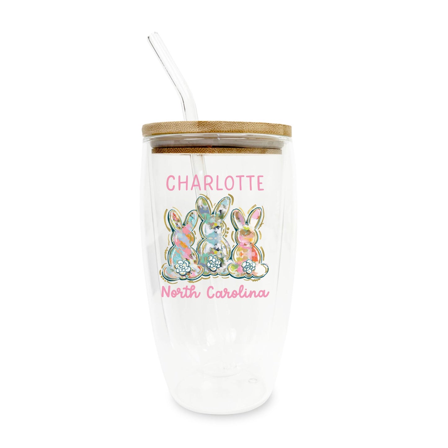 16oz Double Insulated Glass Tumbler-Love+Local Watercolor Easter Bunny Trio -0