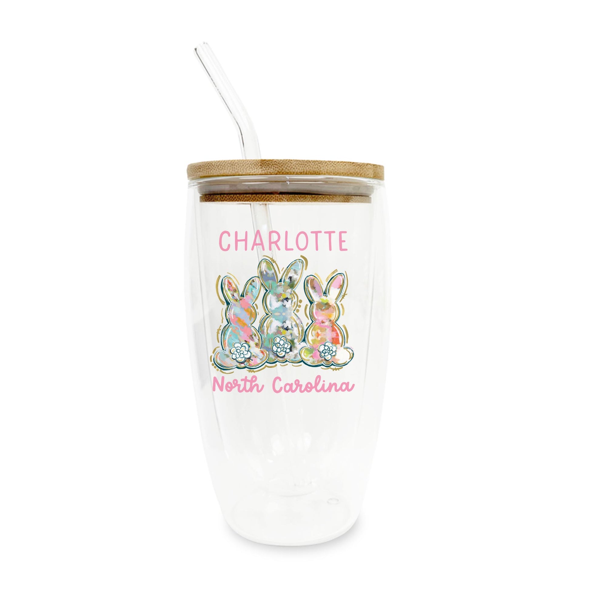 16oz Double Insulated Glass Tumbler-Love+Local Watercolor Easter Bunny Trio -0