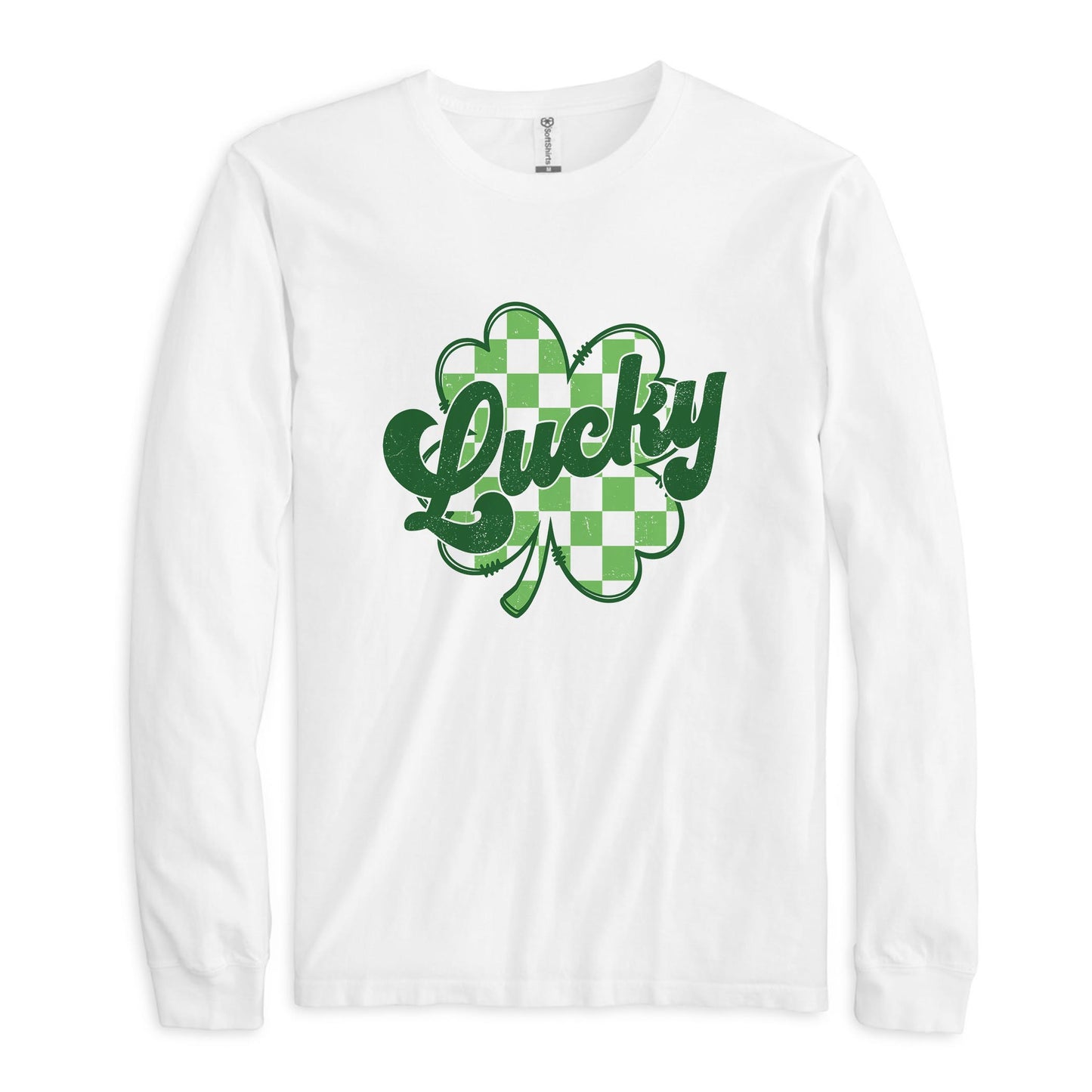 Long Sleeve T-Shirt White-St. Patrick's Day Lucky Checker Shamrock -0